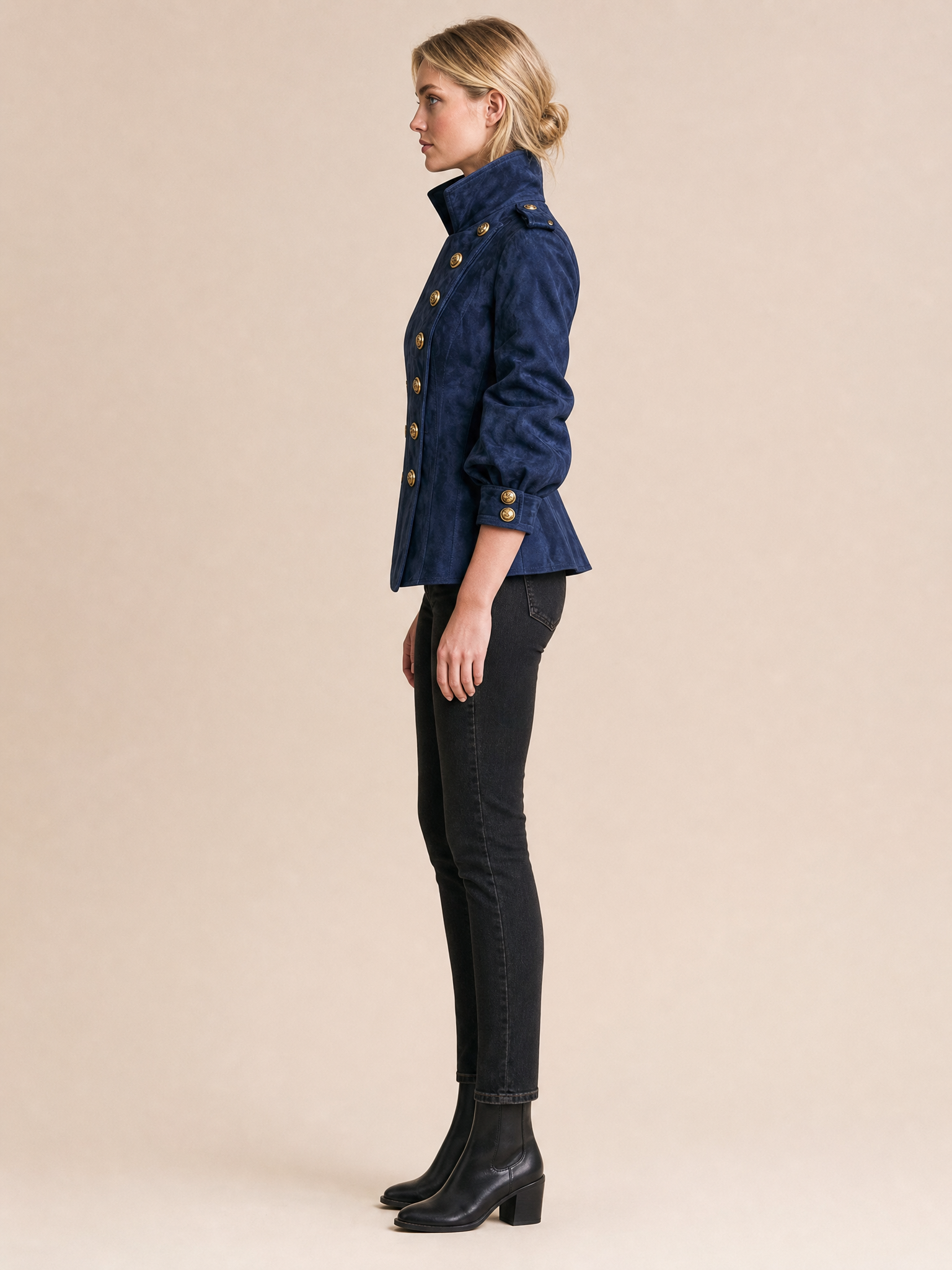Navy Suede Military Double-Breasted Puff Sleeve Jacket