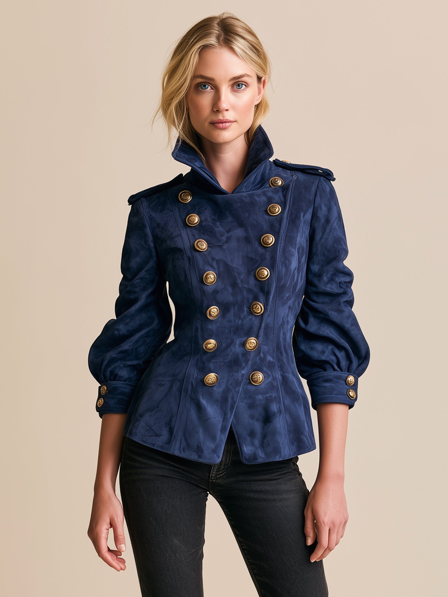 Navy Suede Military Double-Breasted Puff Sleeve Jacket