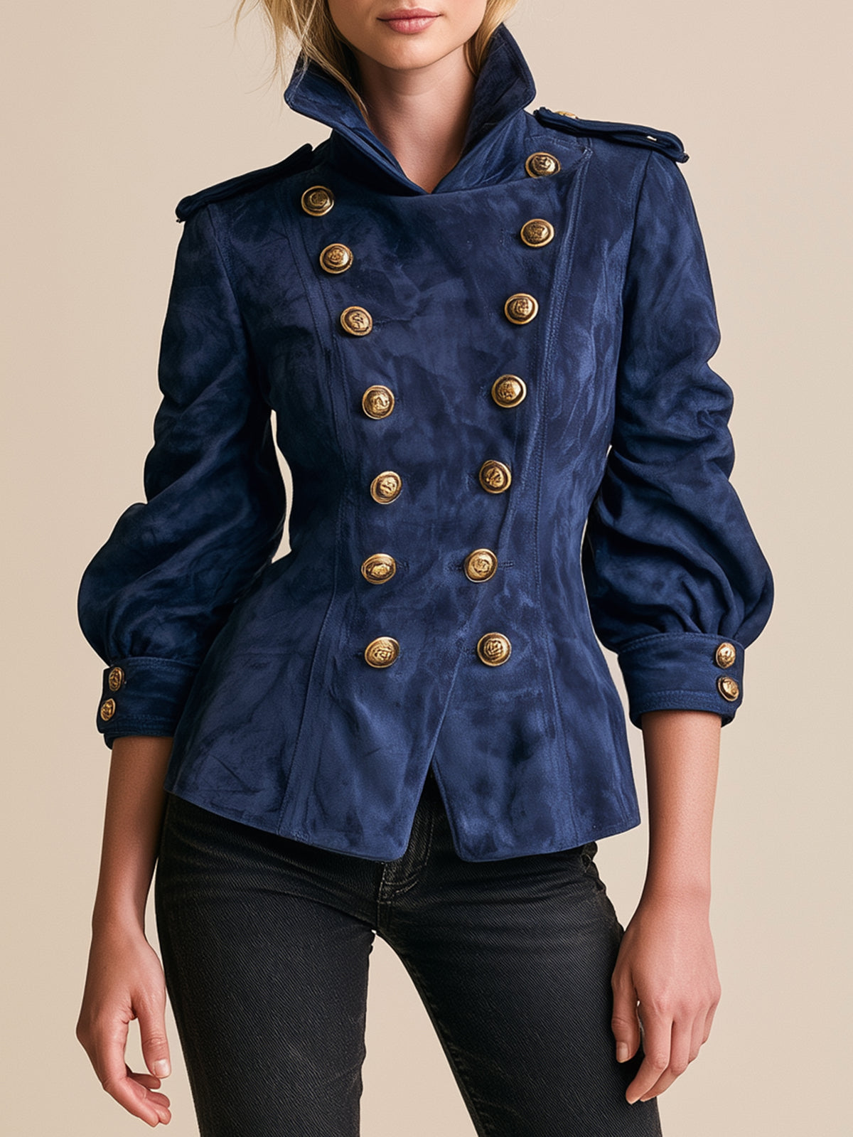 Navy Suede Military Double-Breasted Puff Sleeve Jacket