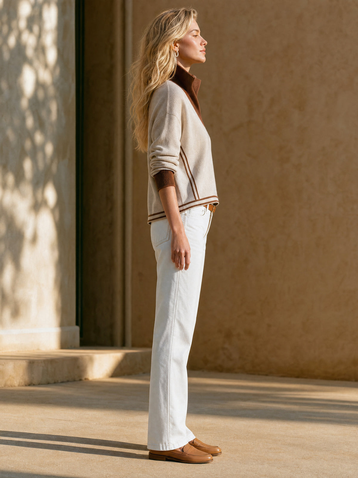 Ivory Quarter-Zip Knit Pullover With Brown Contrast Collar And Trim