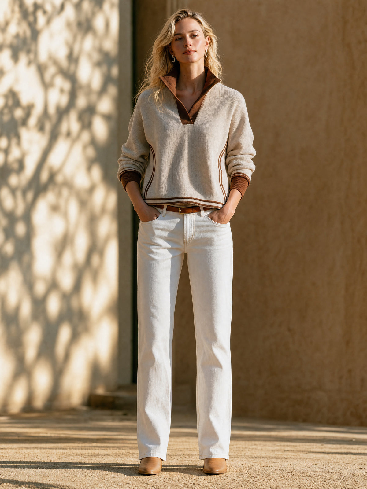 Ivory Quarter-Zip Knit Pullover With Brown Contrast Collar And Trim