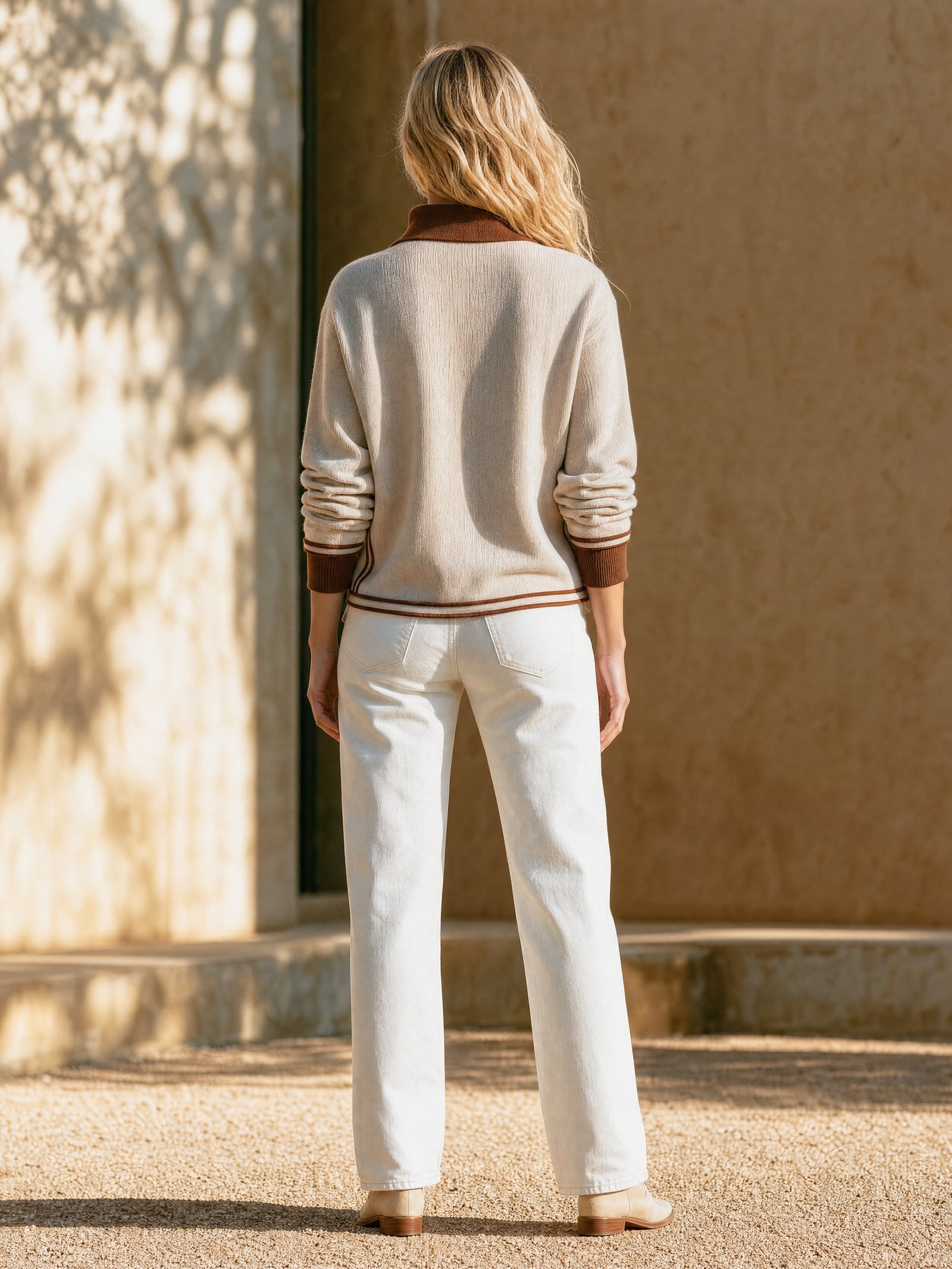 Ivory Quarter-Zip Knit Pullover With Brown Contrast Collar And Trim