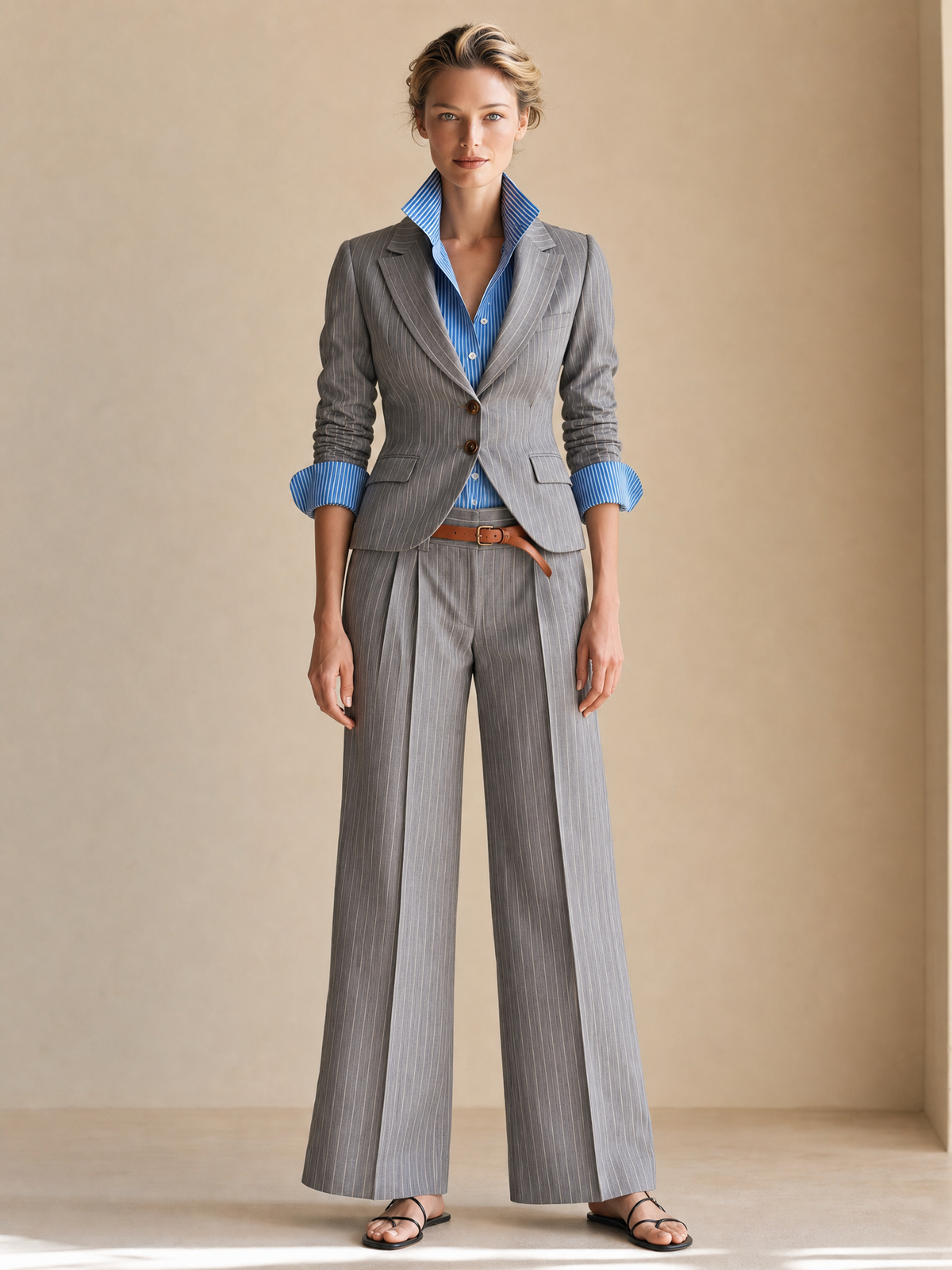 Grey Pinstriped Tailored Blazer With Blue Striped Collar And Cuffs