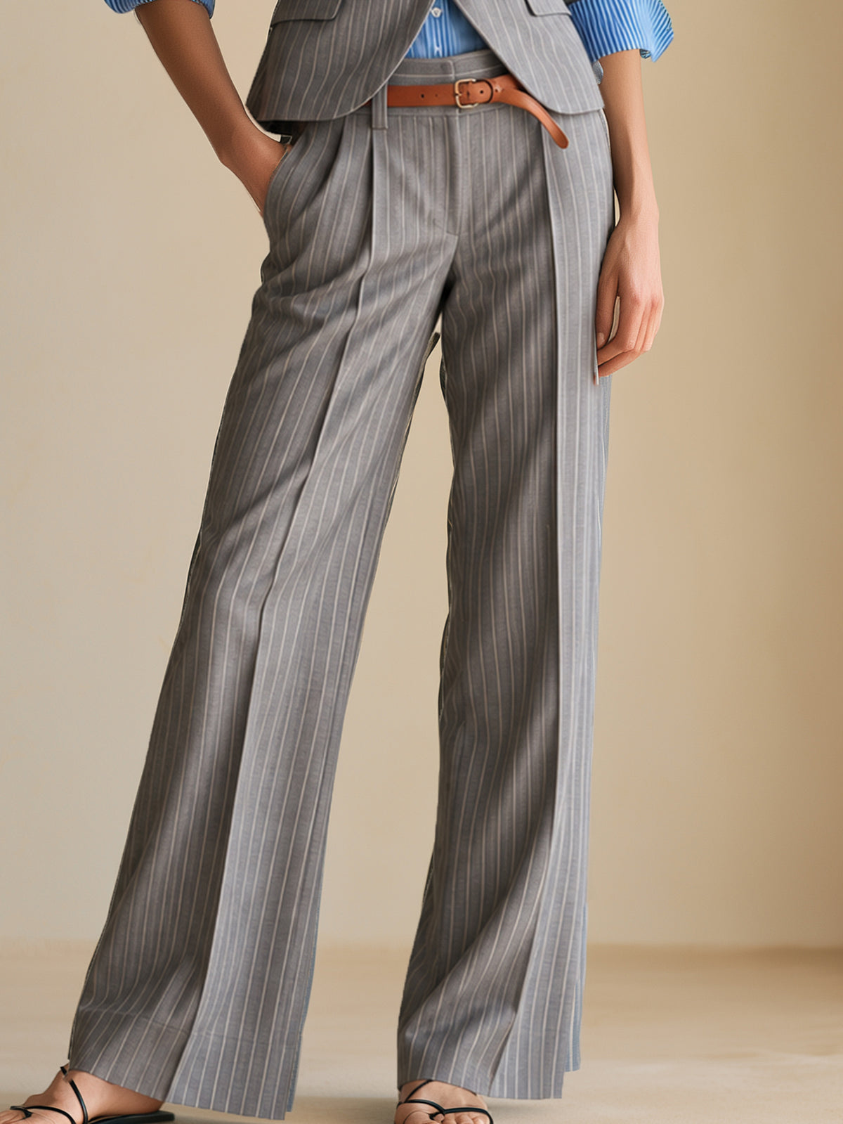 Grey Pinstriped High-Waisted Wide-Leg Pleated Pants