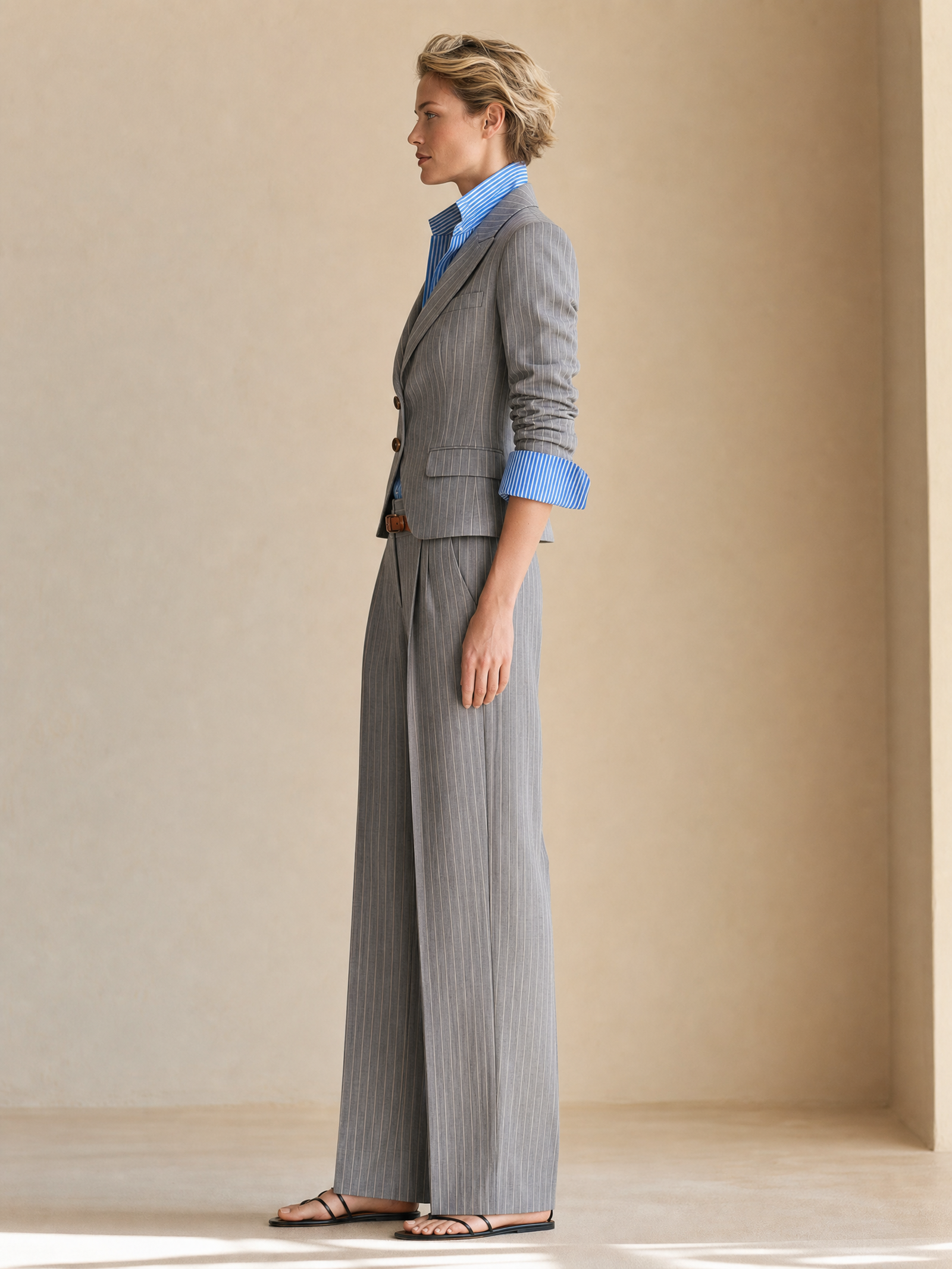 Grey Pinstriped High-Waisted Wide-Leg Pleated Pants