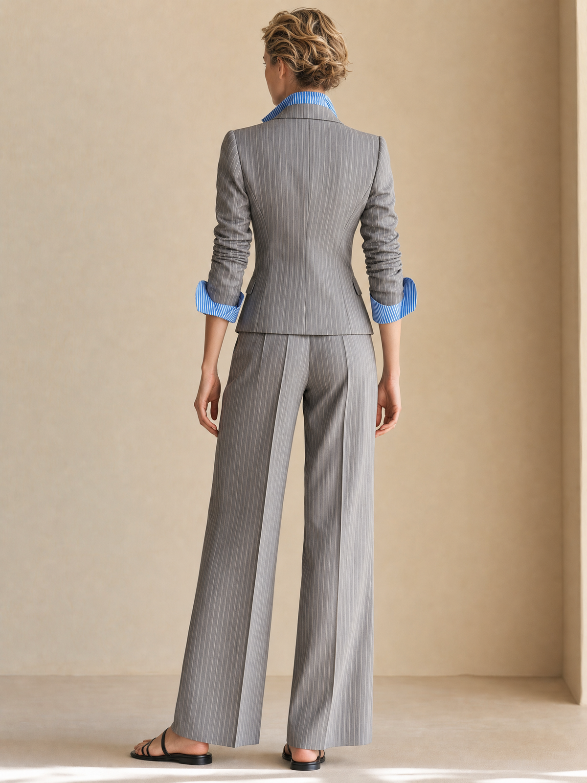 Grey Pinstriped High-Waisted Wide-Leg Pleated Pants