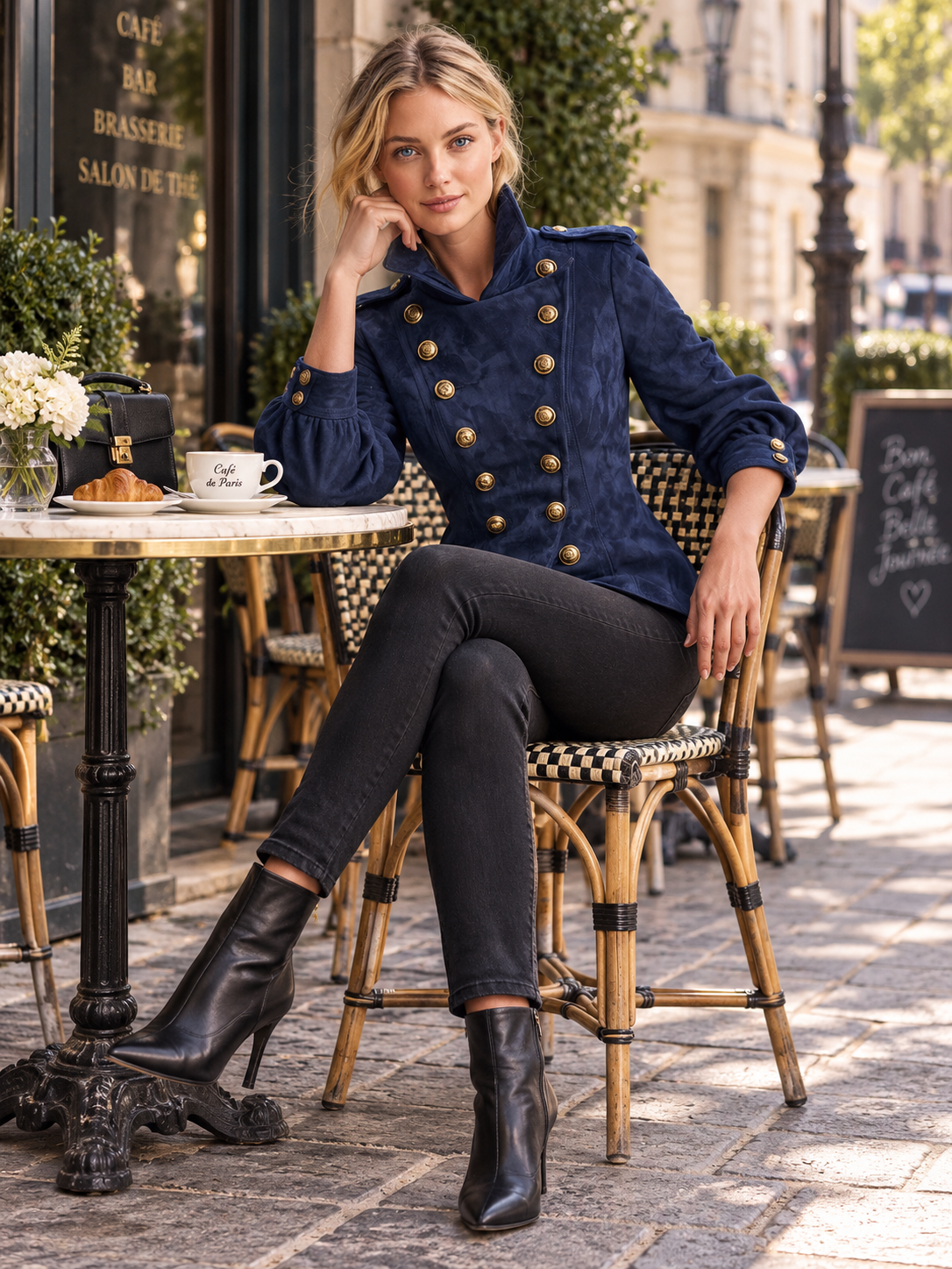 Navy Suede Military Double-Breasted Puff Sleeve Jacket