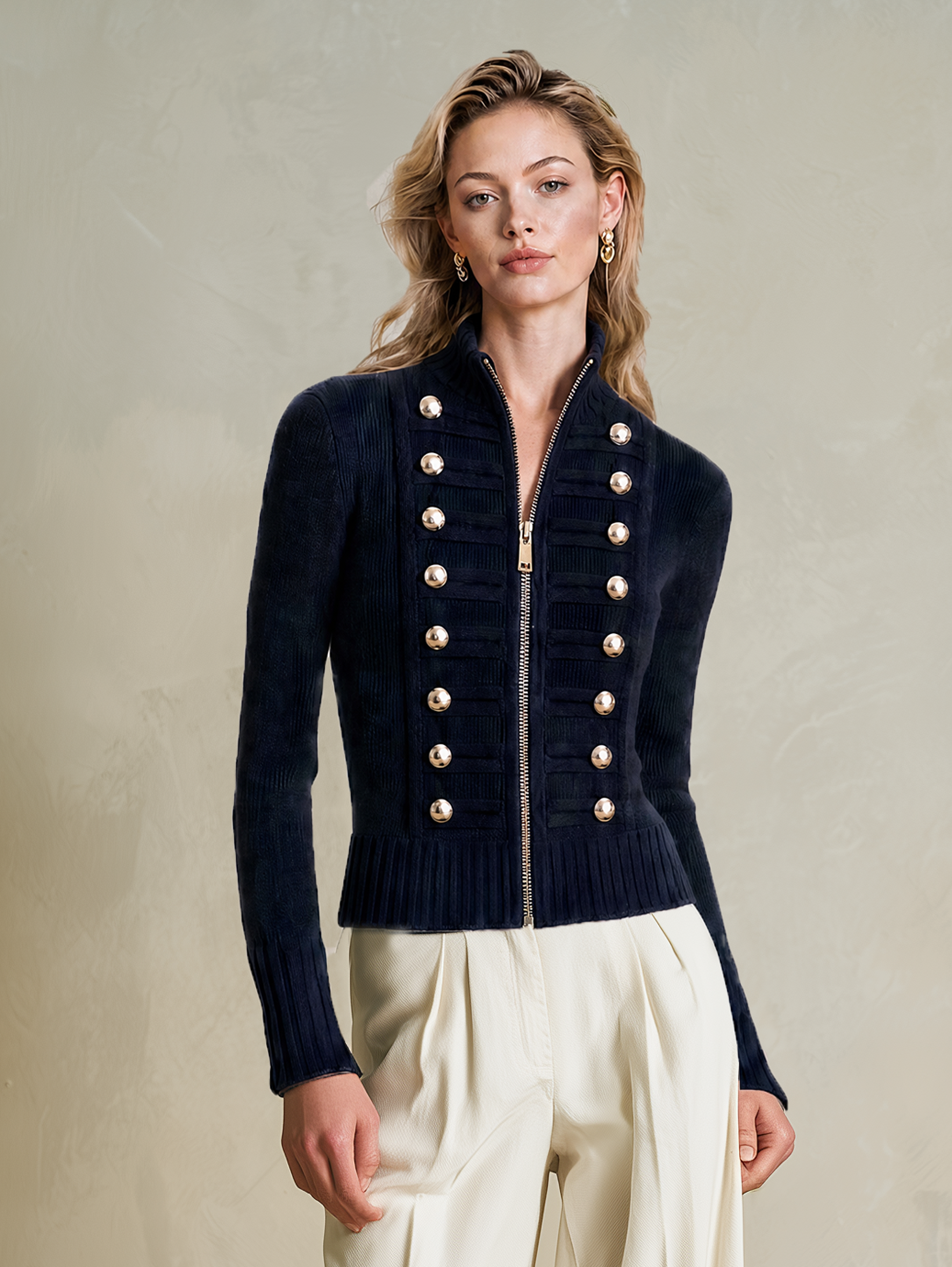 Elegant Navy Military Metal-Button Knit Cardigan