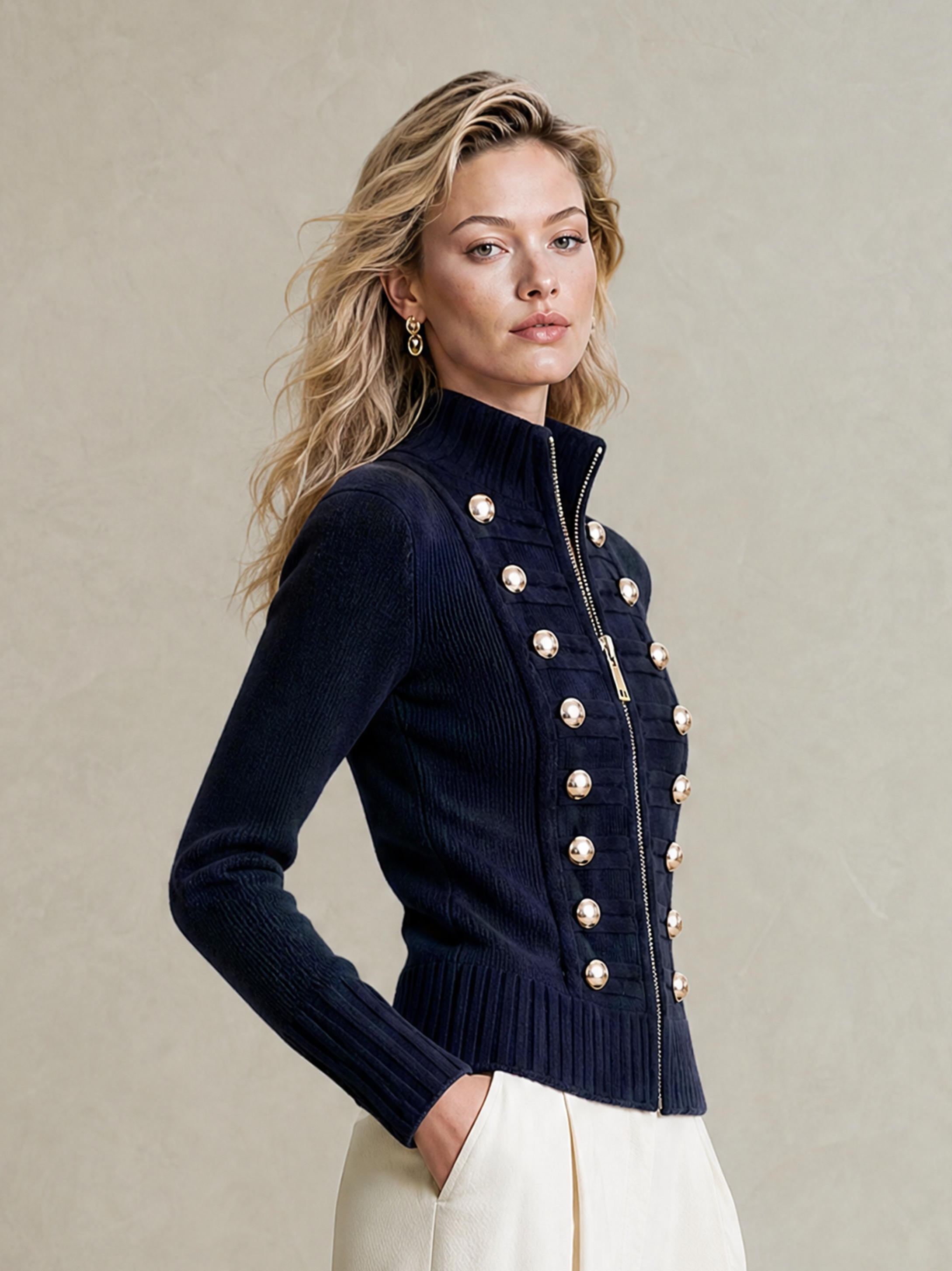 Elegant Navy Military Metal-Button Knit Cardigan