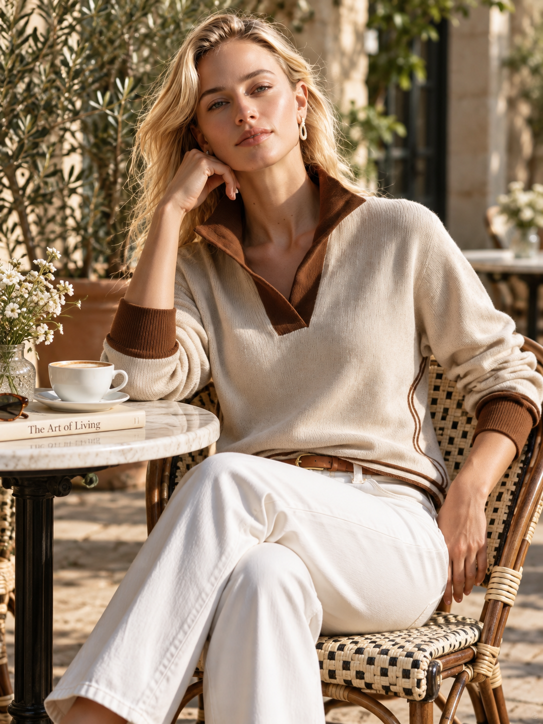 Ivory Quarter-Zip Knit Pullover With Brown Contrast Collar And Trim