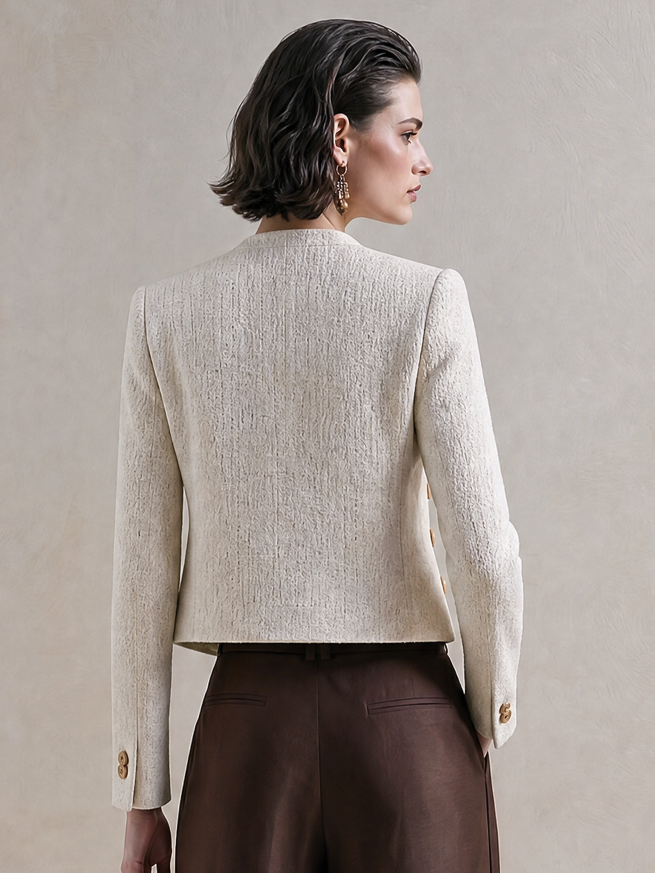 Elegant Ivory Tweed Military Jacket With Brown Tab Details