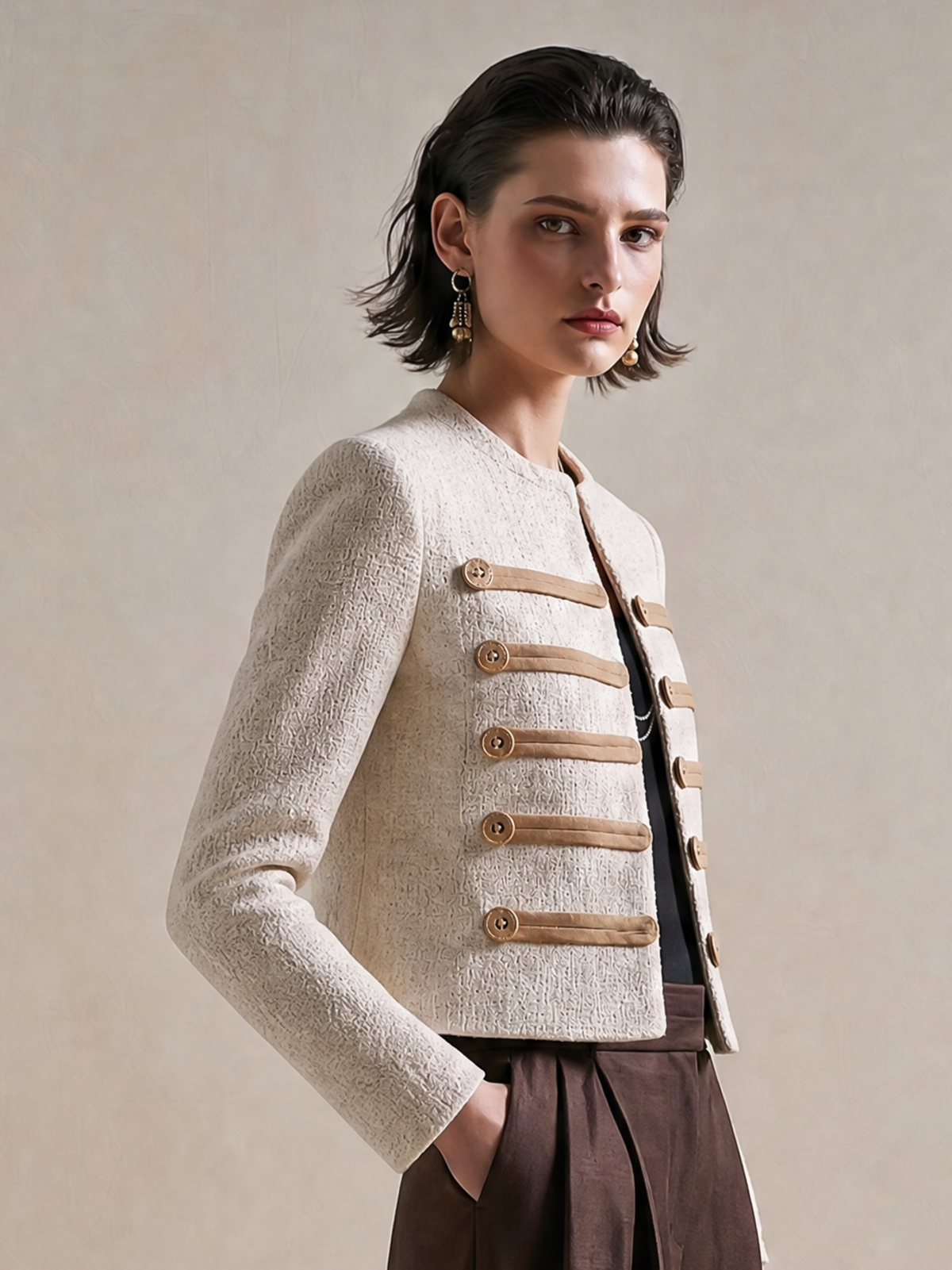Elegant Ivory Tweed Military Jacket With Brown Tab Details