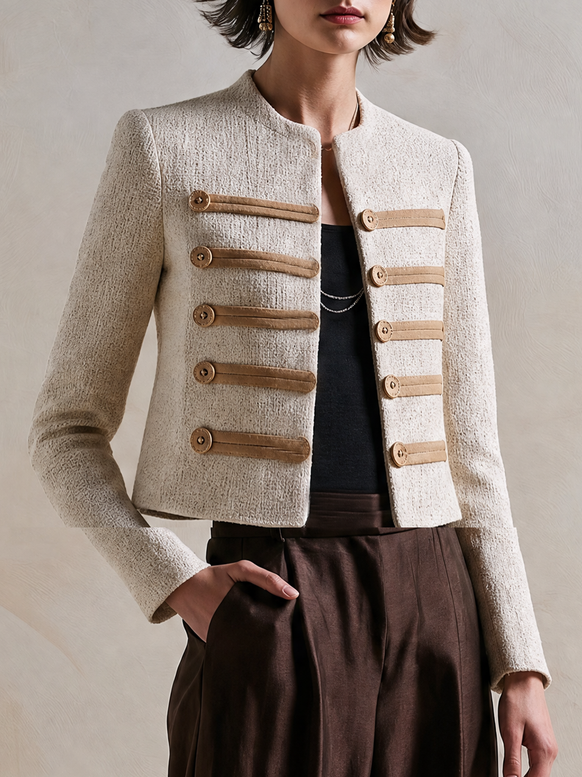 Elegant Ivory Tweed Military Jacket With Brown Tab Details
