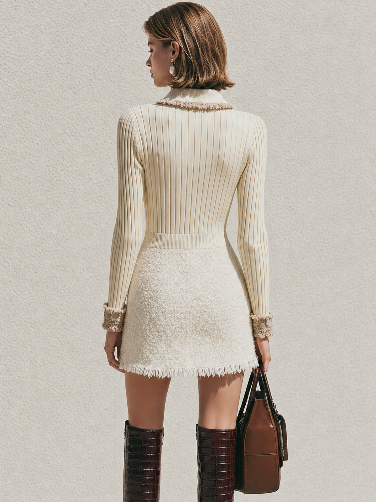 Tweed Texture & Knit Fringe‑Trim Mini Dress