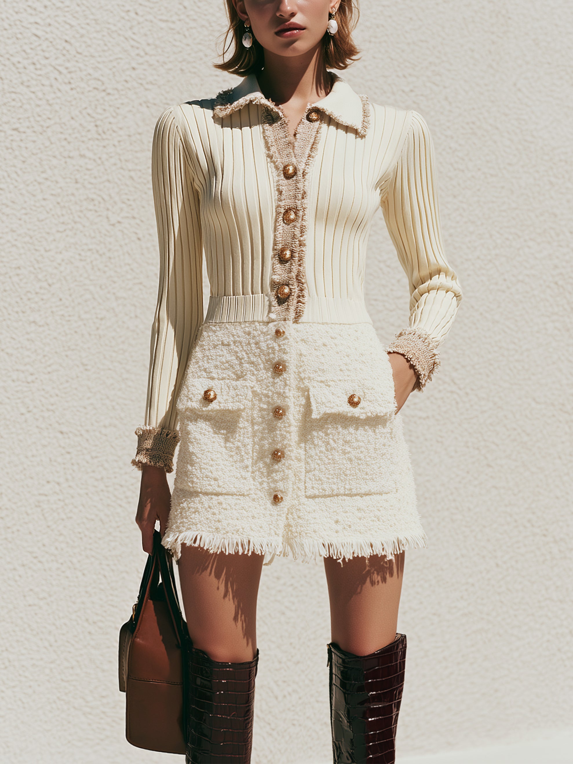 Tweed Texture & Knit Fringe‑Trim Mini Dress