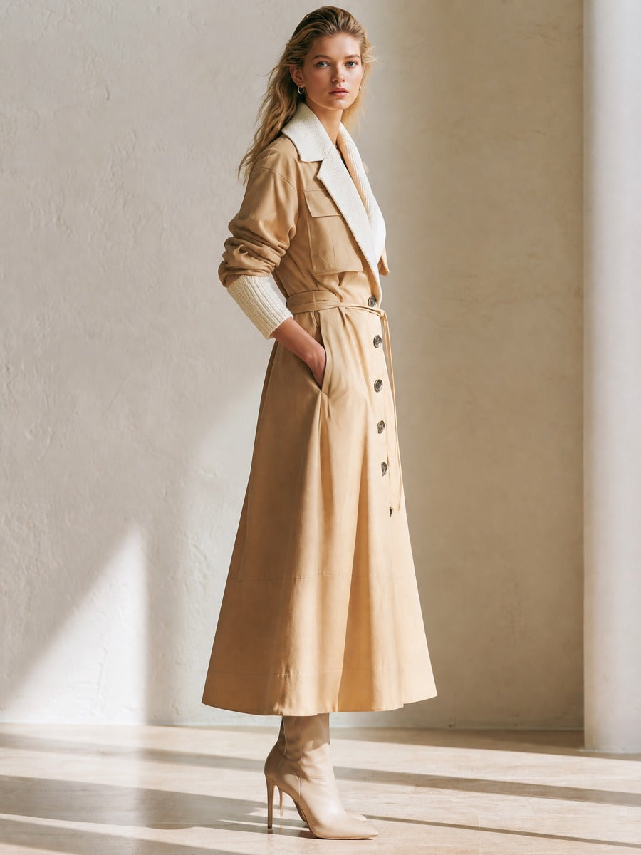 Khaki Knit‑Contrast Lapel Belted Waist‑Defined Long Trench Coat