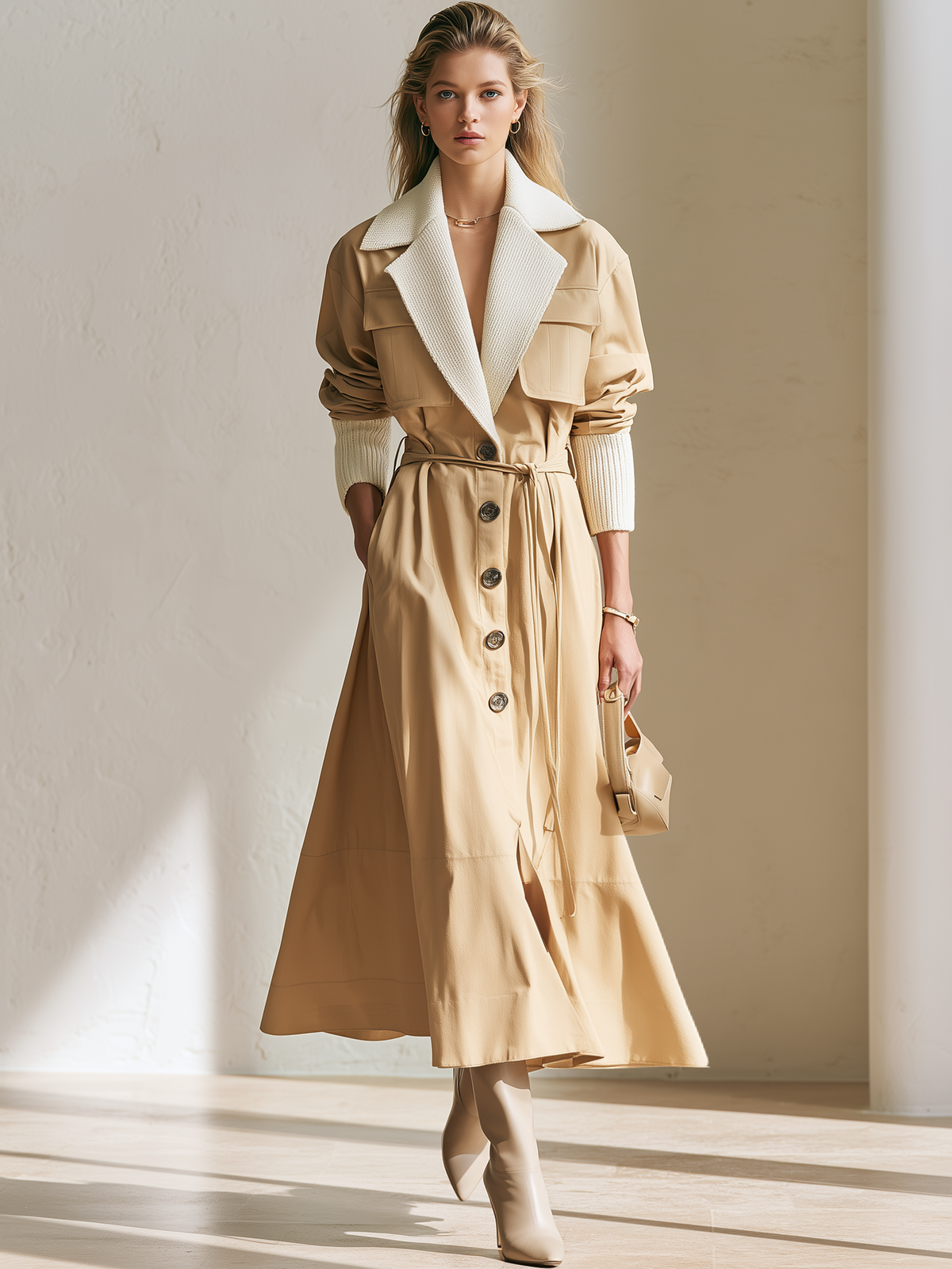 Khaki Knit‑Contrast Lapel Belted Waist‑Defined Long Trench Coat