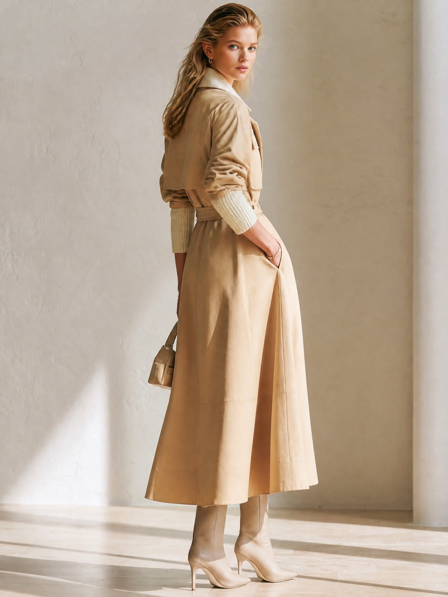 Khaki Knit‑Contrast Lapel Belted Waist‑Defined Long Trench Coat