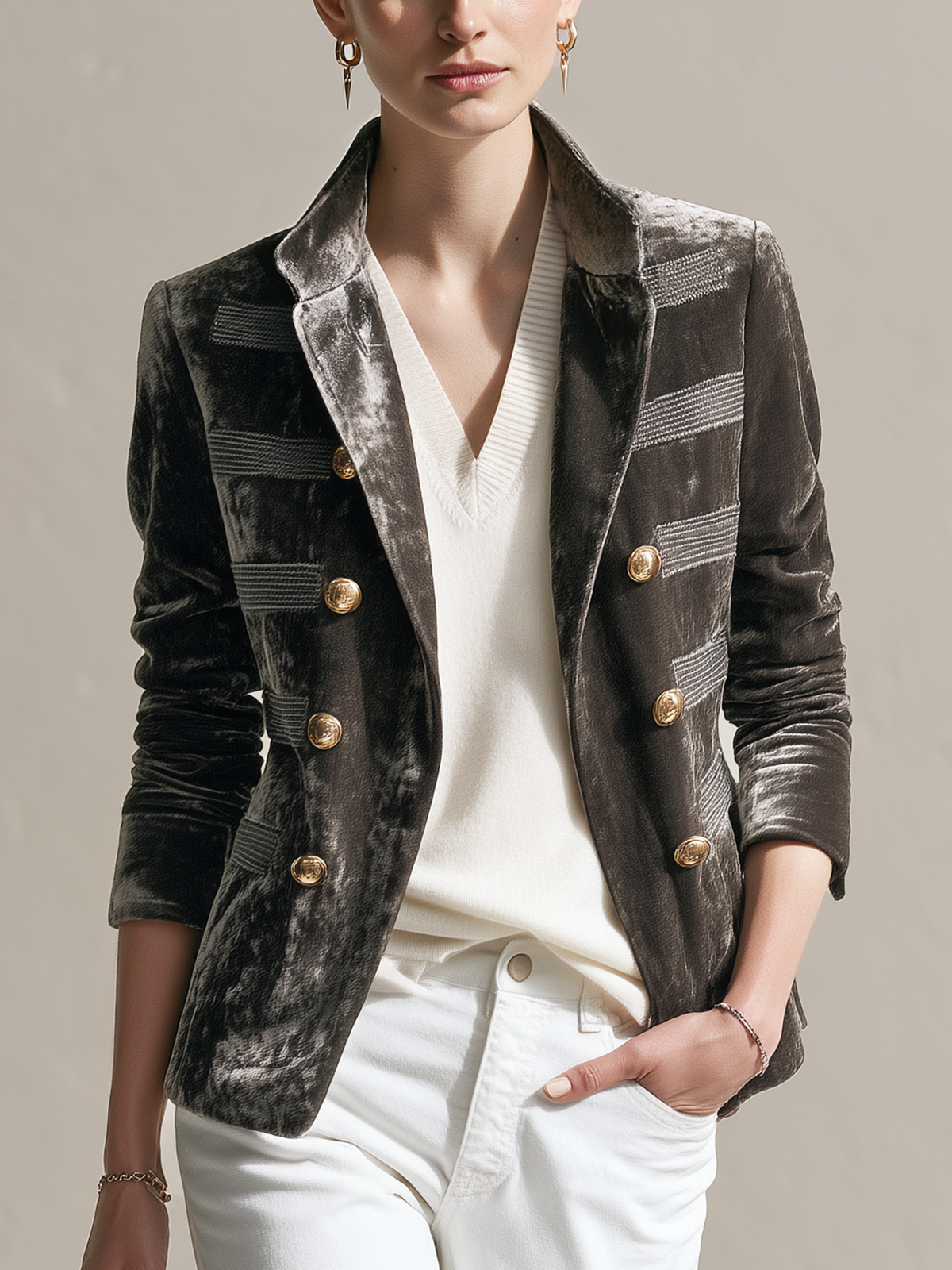 Charcoal Velvet Stand‑Lapel Vintage Gold‑Button Short Blazer