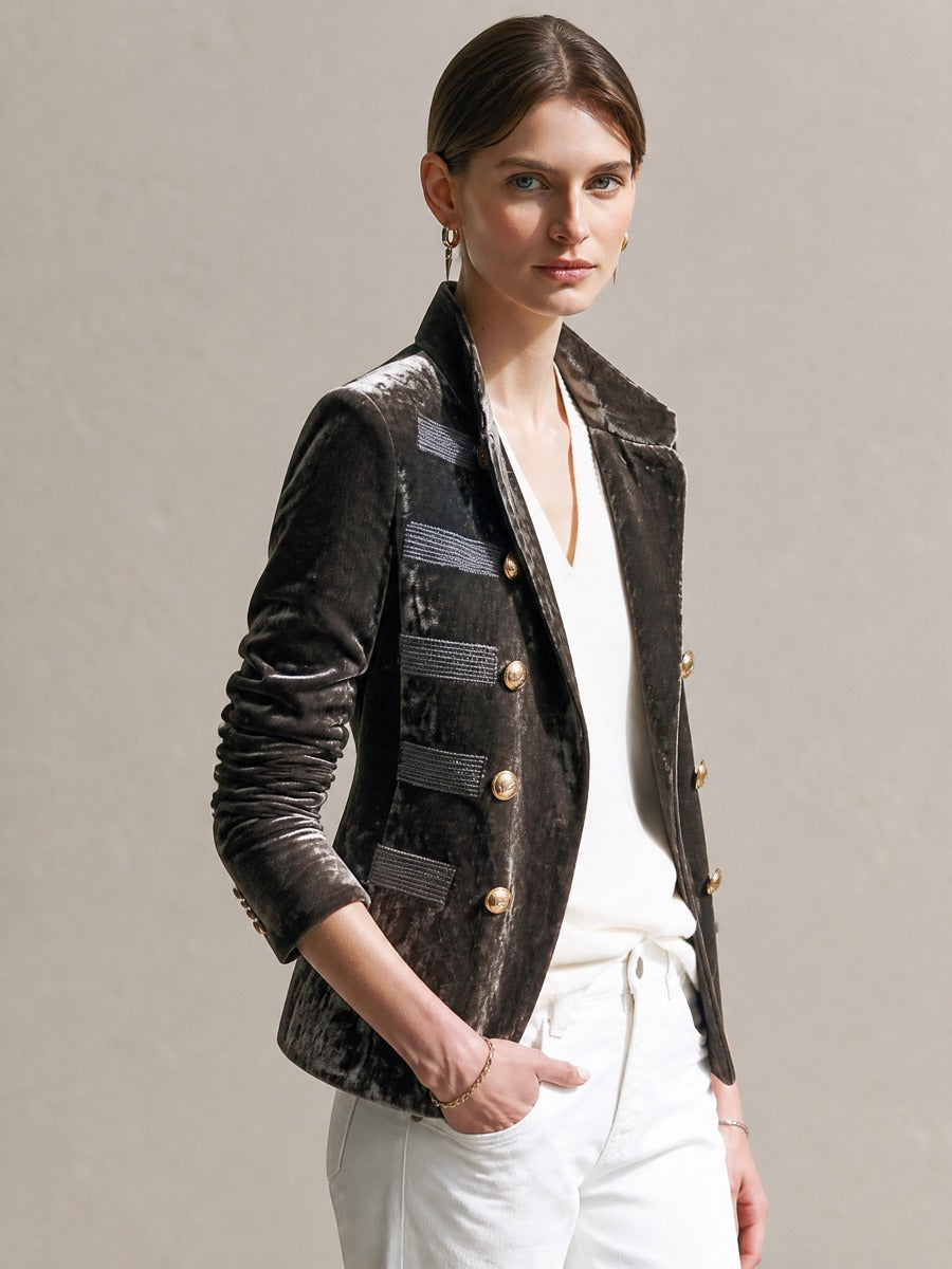 Charcoal Velvet Stand‑Lapel Vintage Gold‑Button Short Blazer