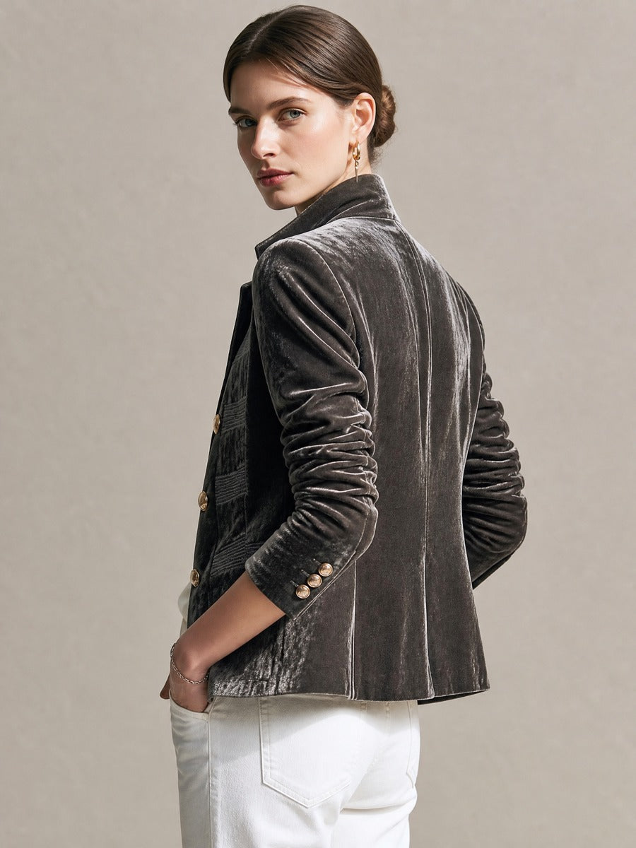 Charcoal Velvet Stand‑Lapel Vintage Gold‑Button Short Blazer
