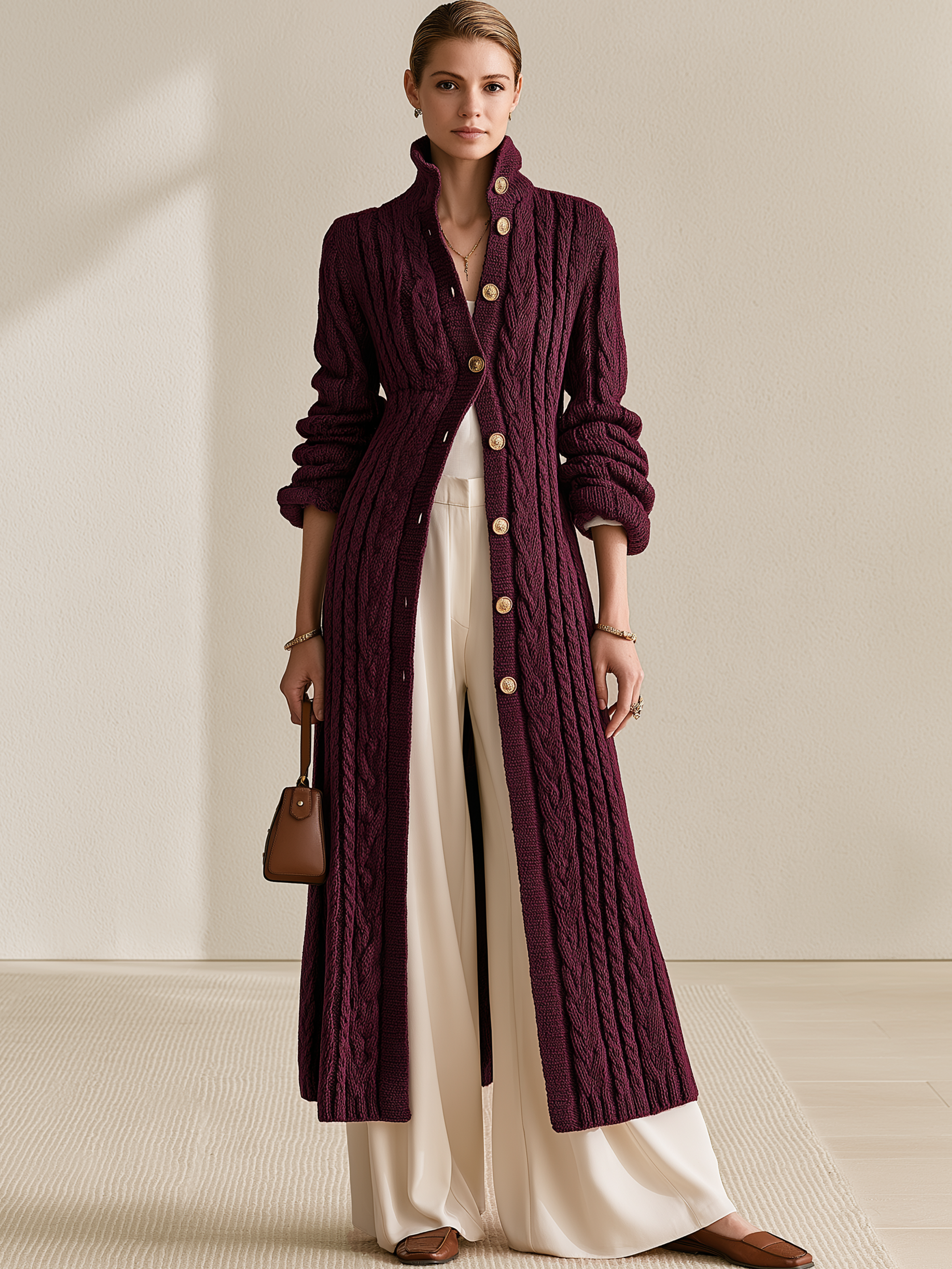 Burgundy Cable‑Knit Stand‑Collar Gold‑Button Maxi Cardigan