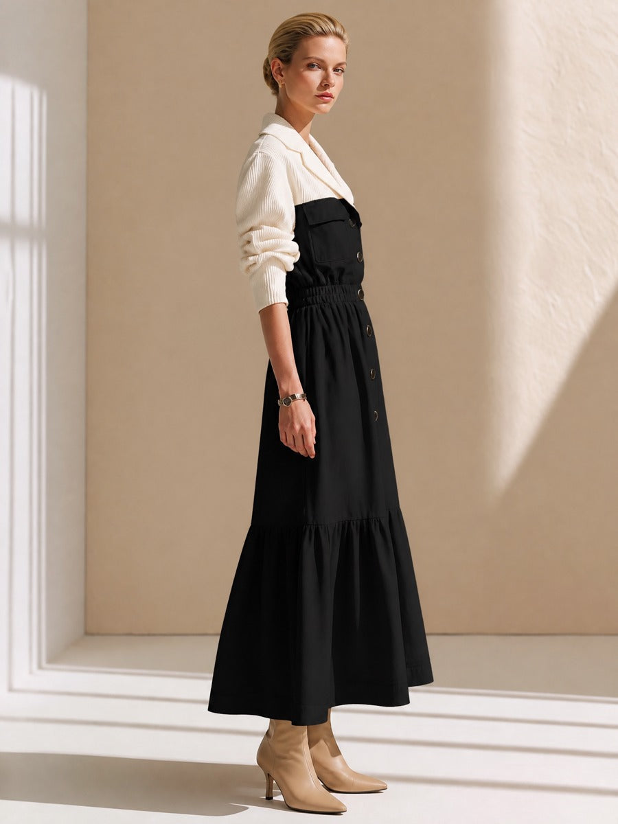 Cream Knit Contrast Black Utility Faux‑Two‑Piece Waisted Maxi Dress