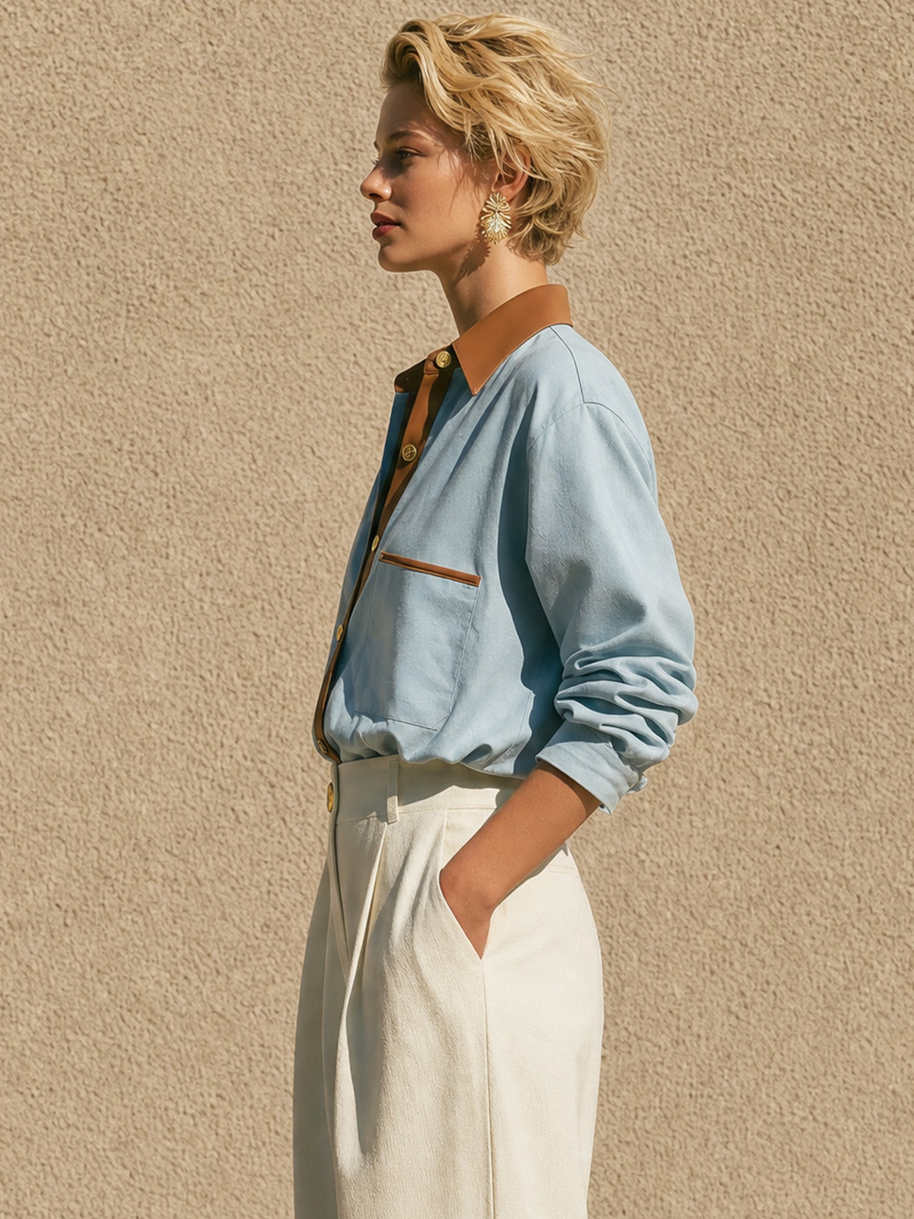 Leather‑Trim Suede Button‑Down Shirt Blouse