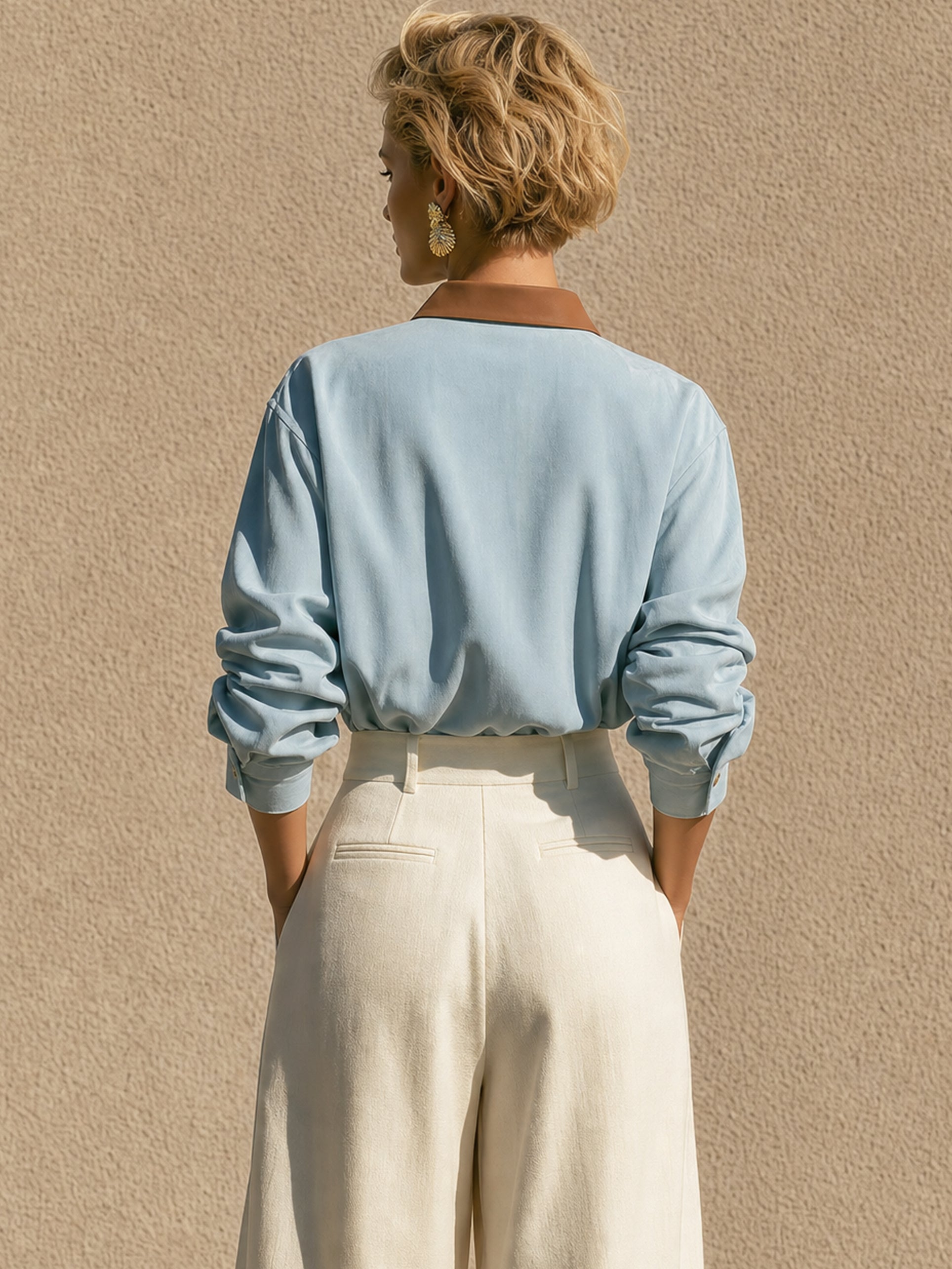 Leather‑Trim Suede Button‑Down Shirt Blouse