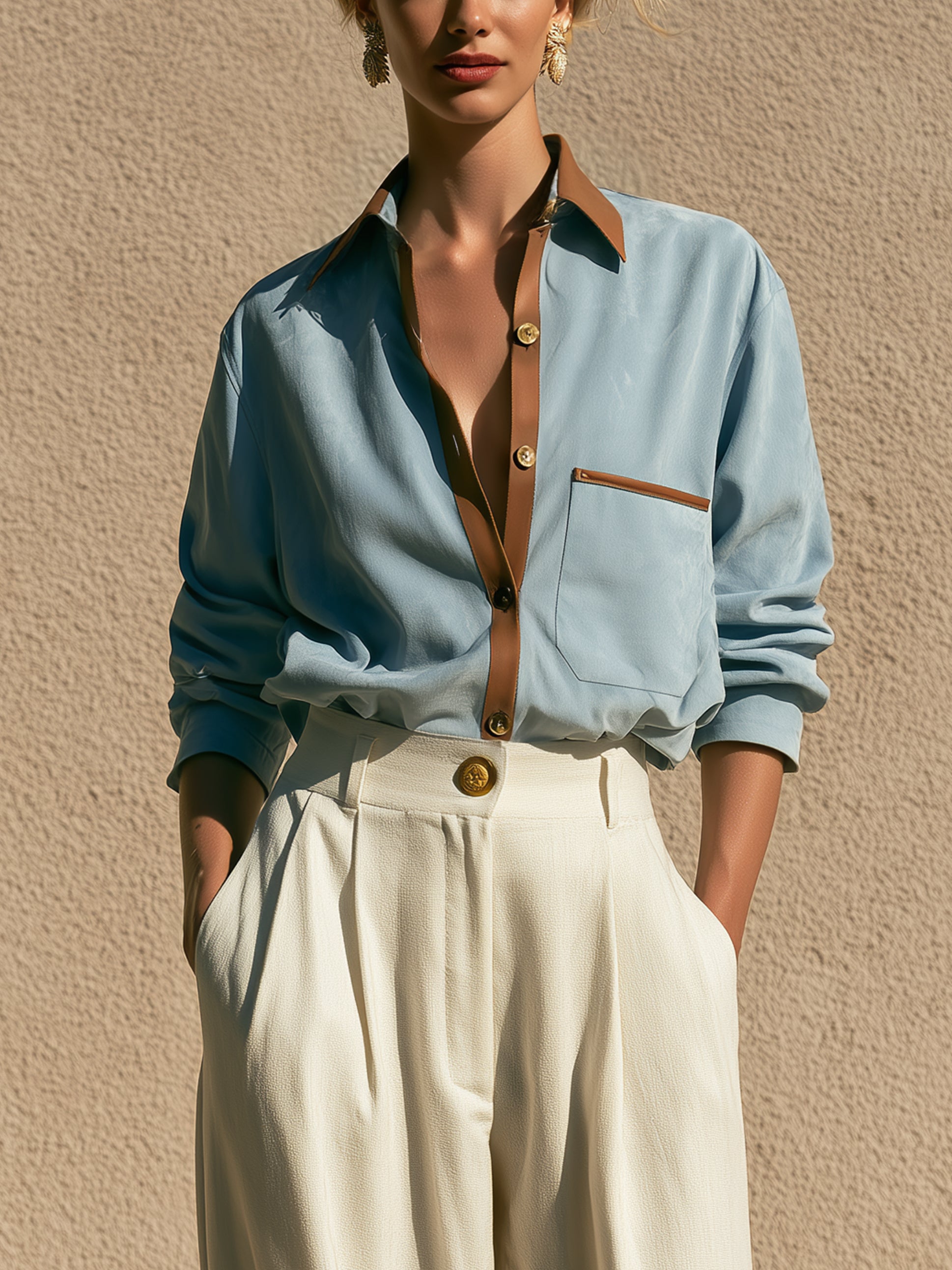 Leather‑Trim Suede Button‑Down Shirt Blouse