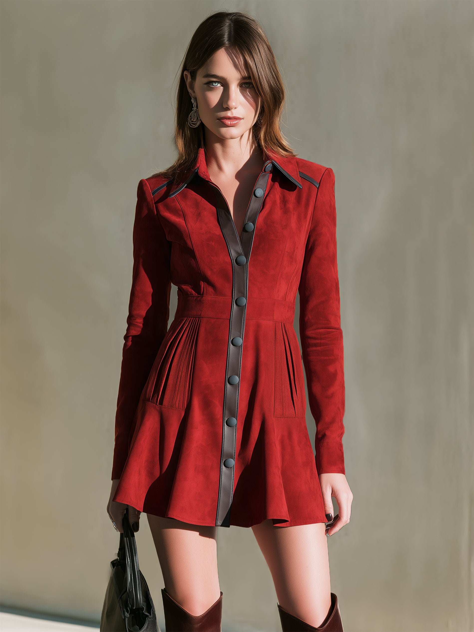 Suede‑Effect Leather‑Trim Shirt Mini Dress