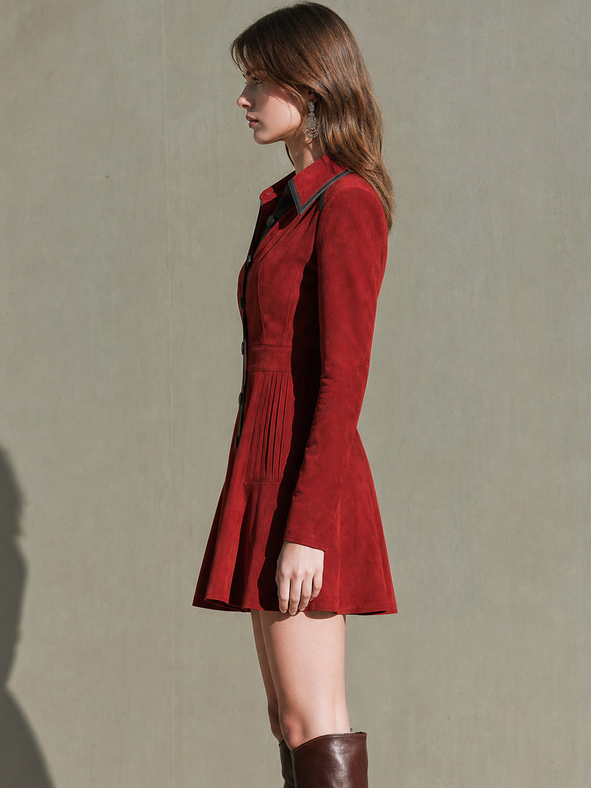 Suede‑Effect Leather‑Trim Shirt Mini Dress