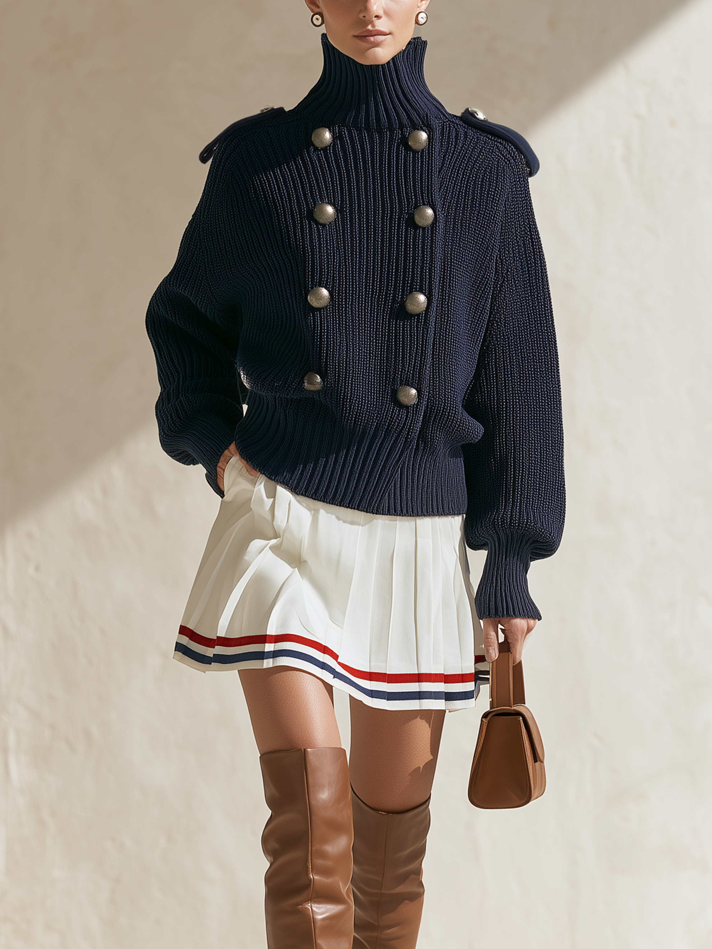 Navy Turtleneck Double‑Breasted Knit Top & Pleated Mini Skirt Two‑Piece Set