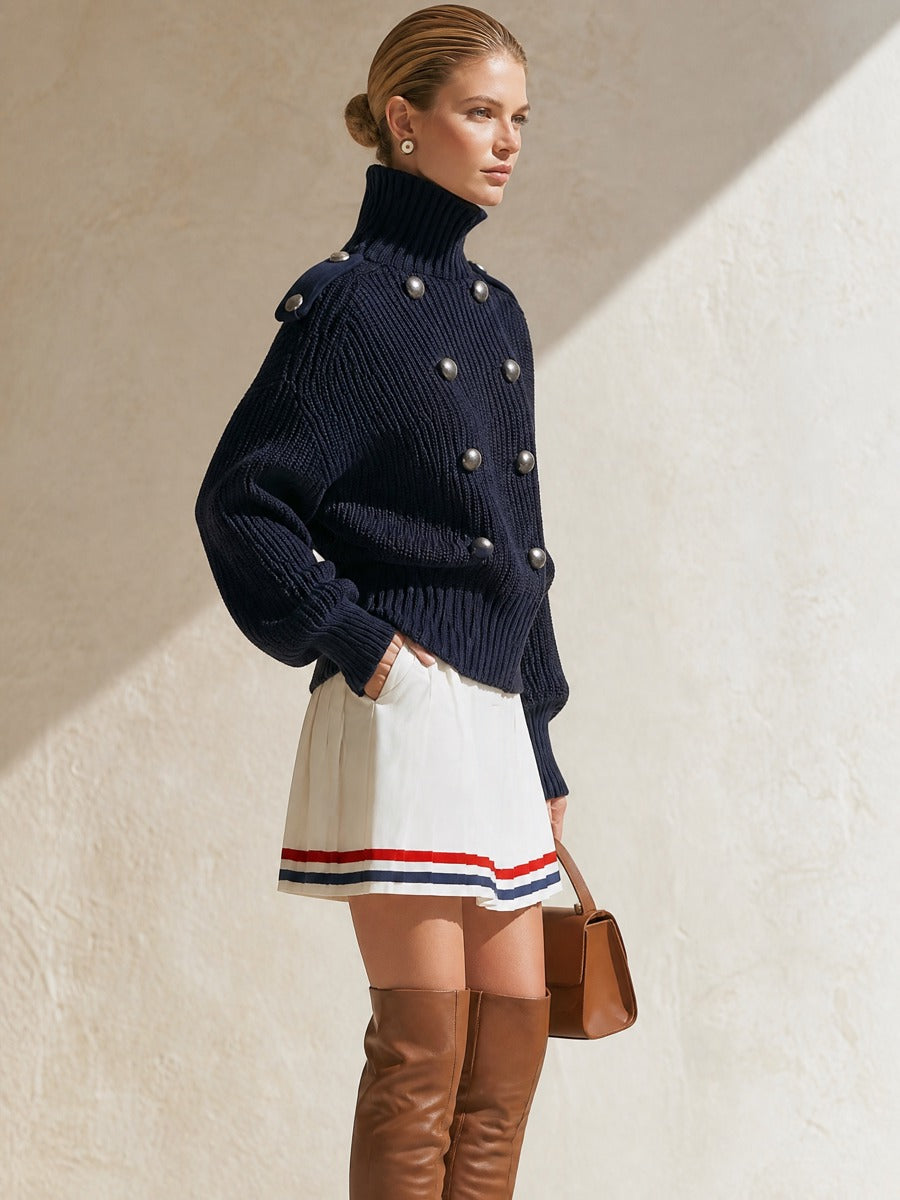 Navy Turtleneck Double‑Breasted Knit Top & Pleated Mini Skirt Two‑Piece Set