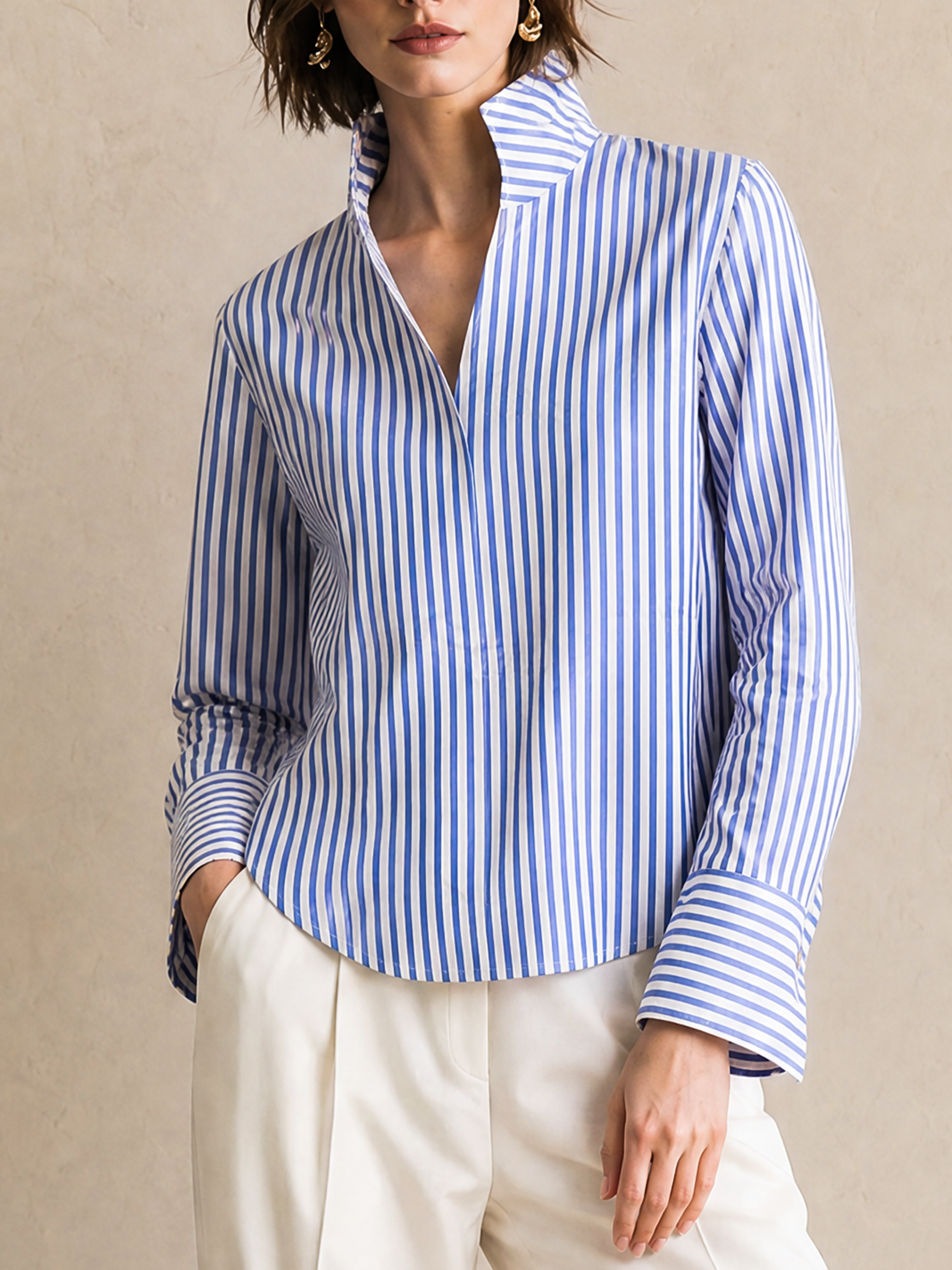 Elegant Light Blue & White Striped V-Neck Shirt