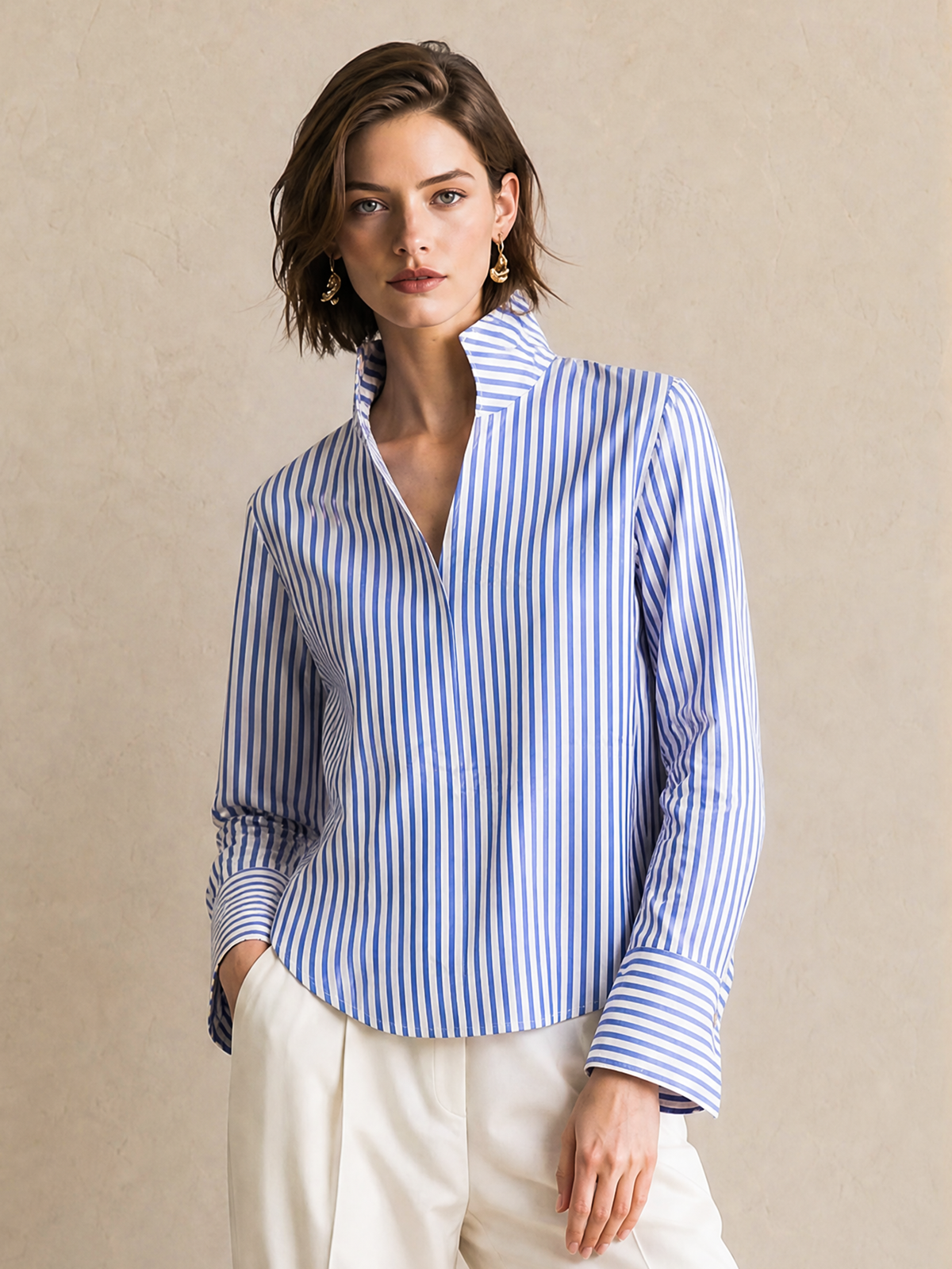 Elegant Light Blue & White Striped V-Neck Shirt
