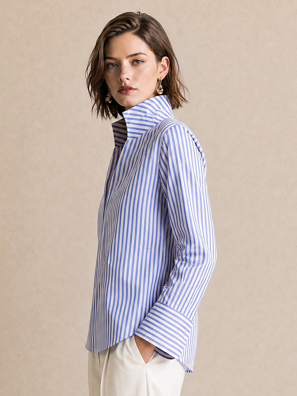 Elegant Light Blue & White Striped V-Neck Shirt