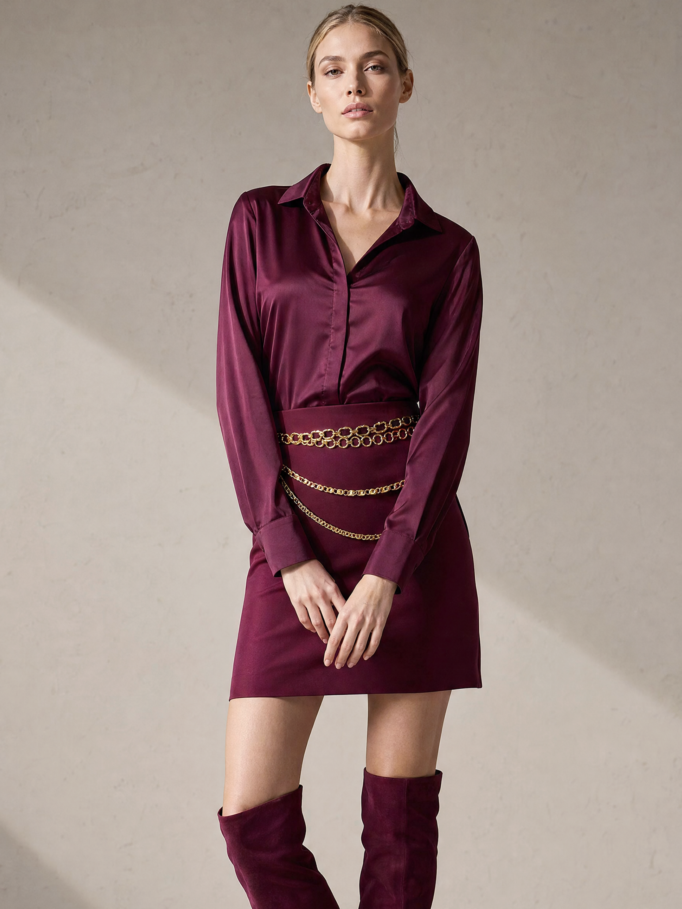 Burgundy Satin Shirt & Mini Skirt Two Piece Set With Gold Waist Chain