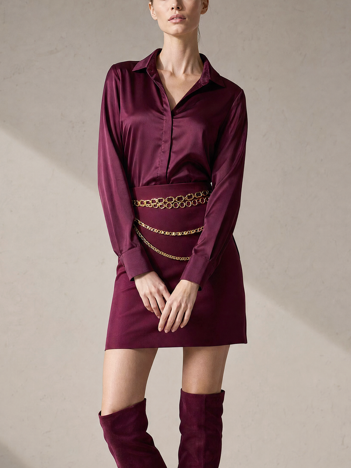 Burgundy Satin Shirt & Mini Skirt Two Piece Set With Gold Waist Chain