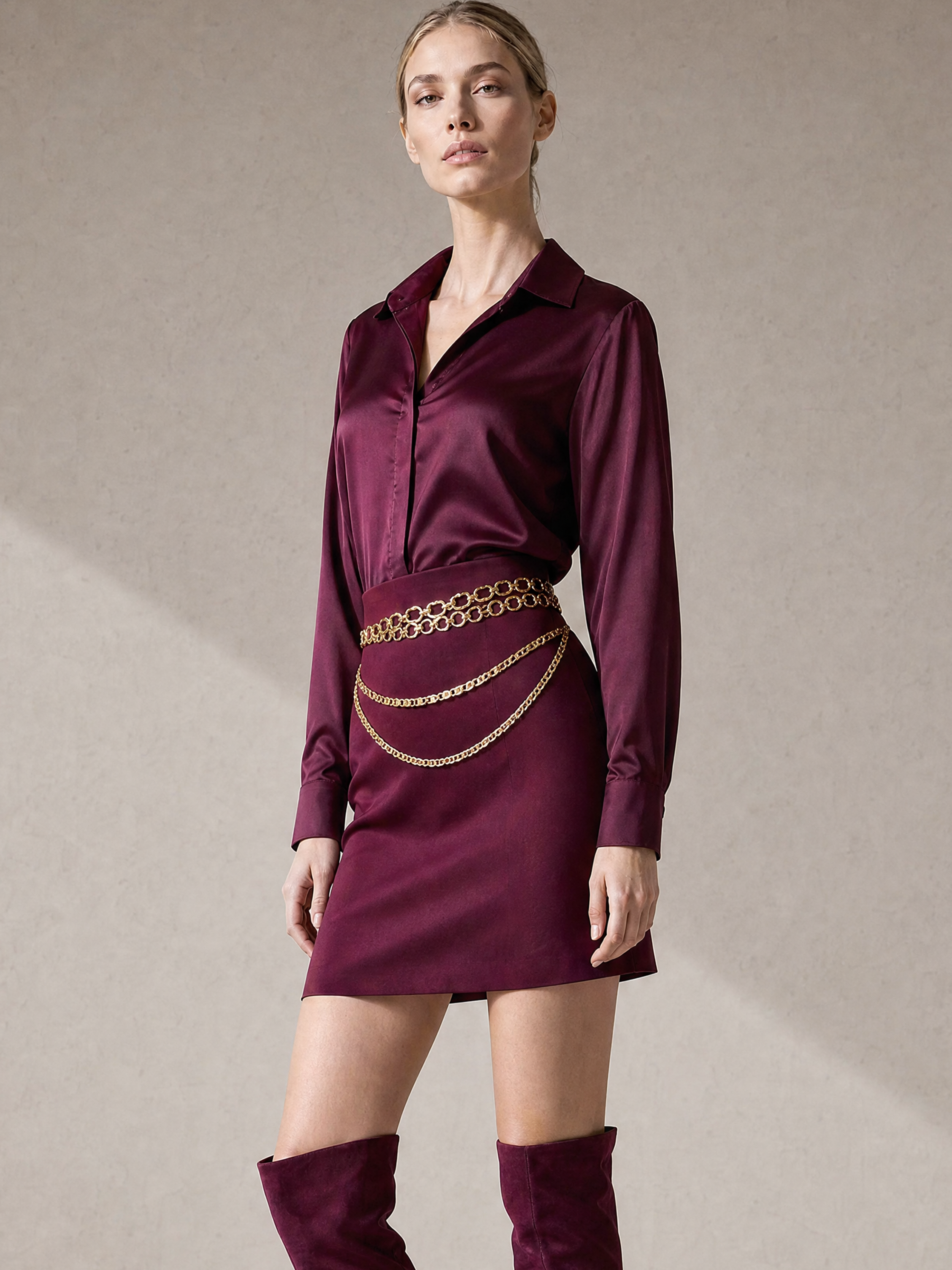 Burgundy Satin Shirt & Mini Skirt Two Piece Set With Gold Waist Chain