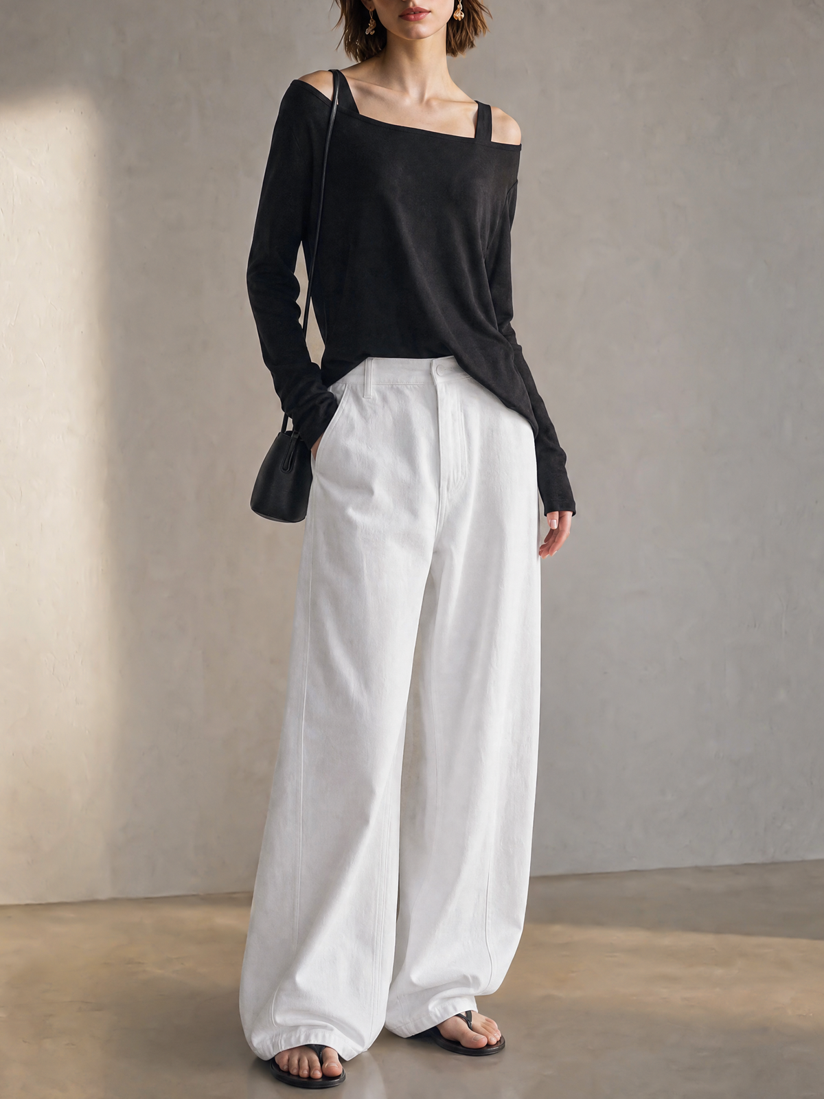 Elegant Black Off-Shoulder Top & White Wide-Leg Jeans Set
