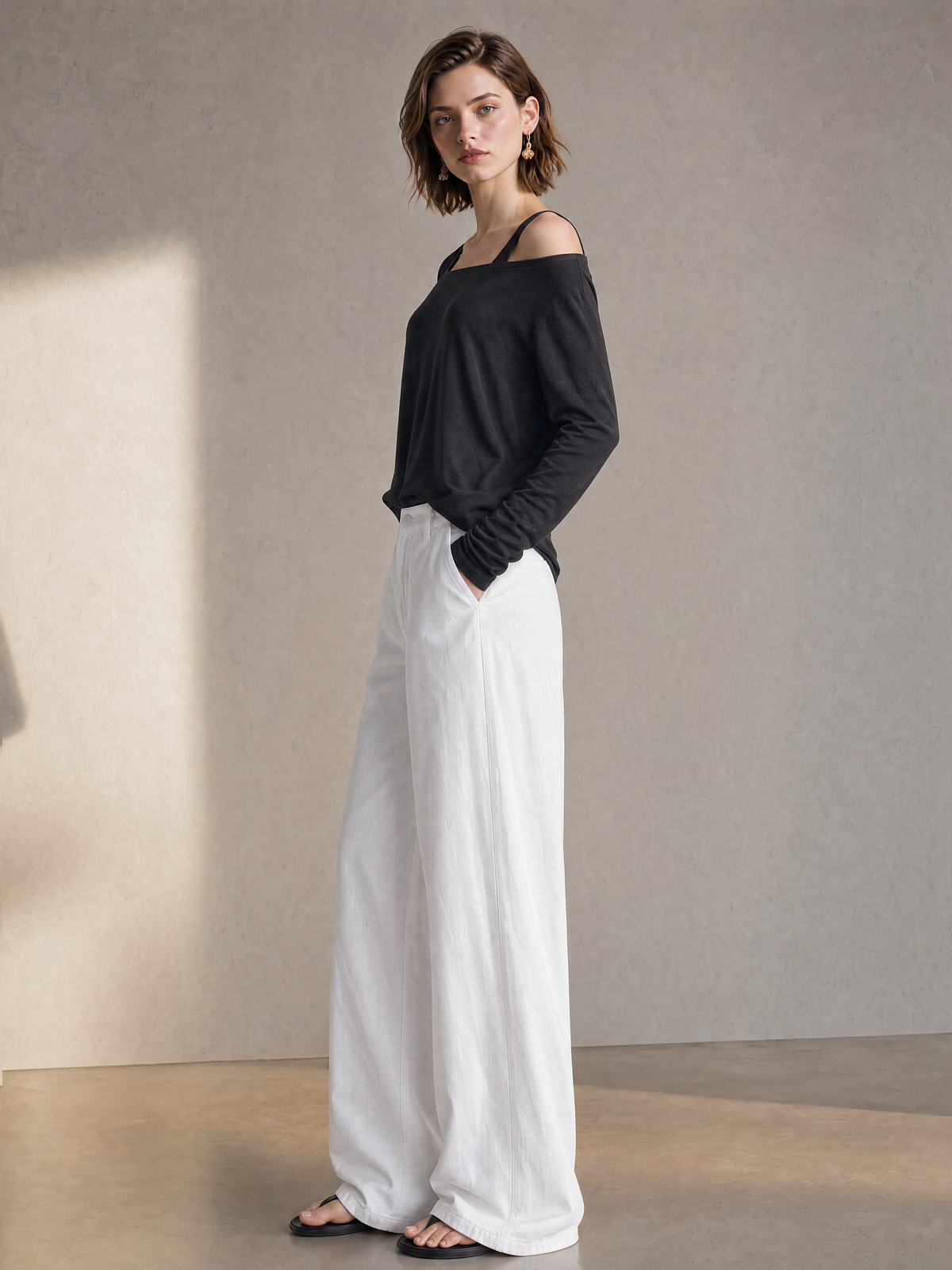 Elegant Black Off-Shoulder Top & White Wide-Leg Jeans Set