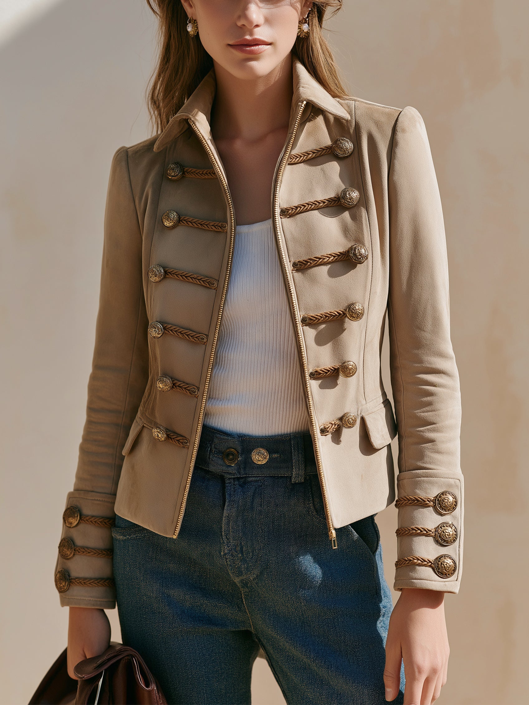 Braided‑Trim Military Tailored Suede Jacket