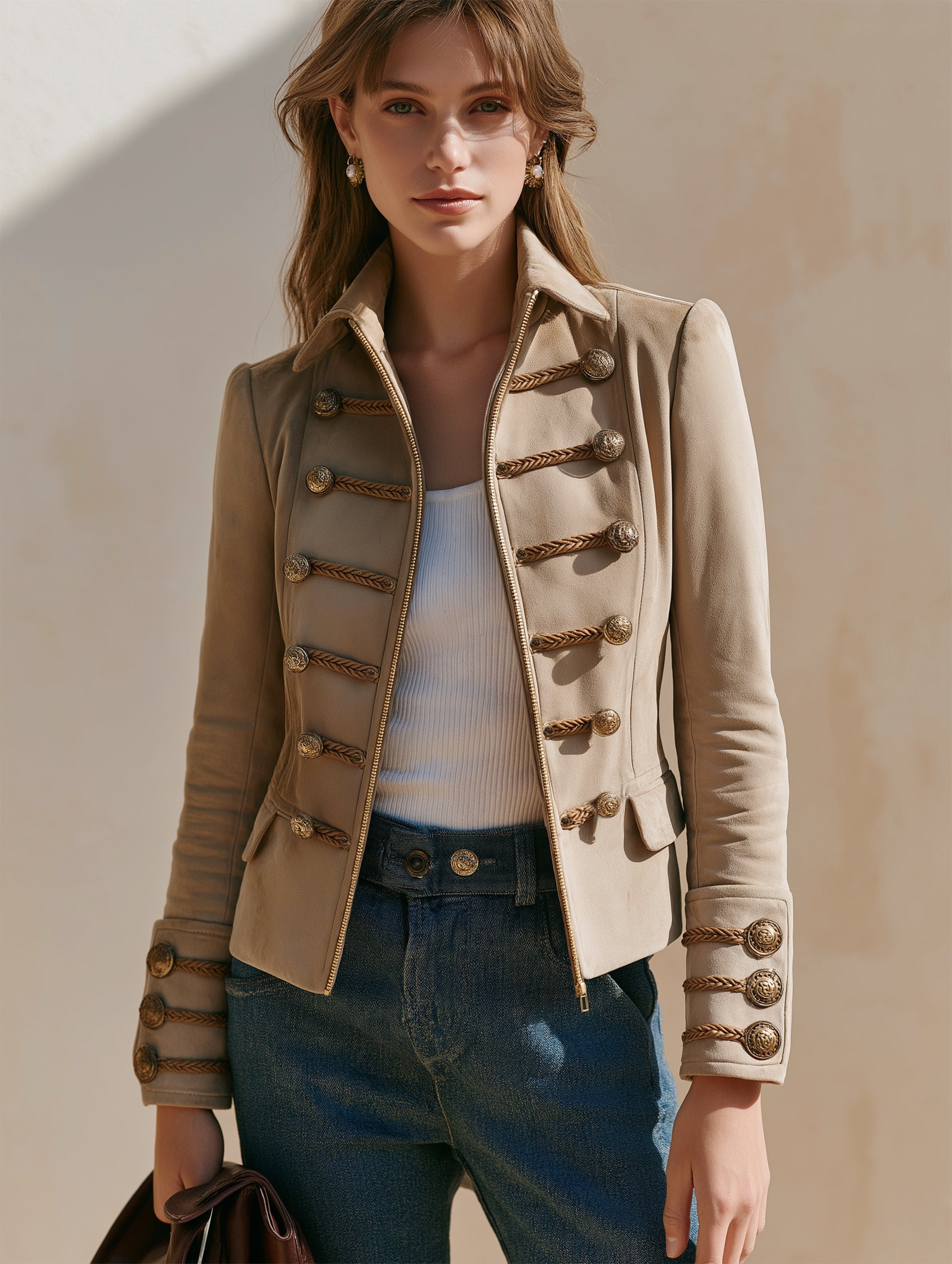 Braided‑Trim Military Tailored Suede Jacket