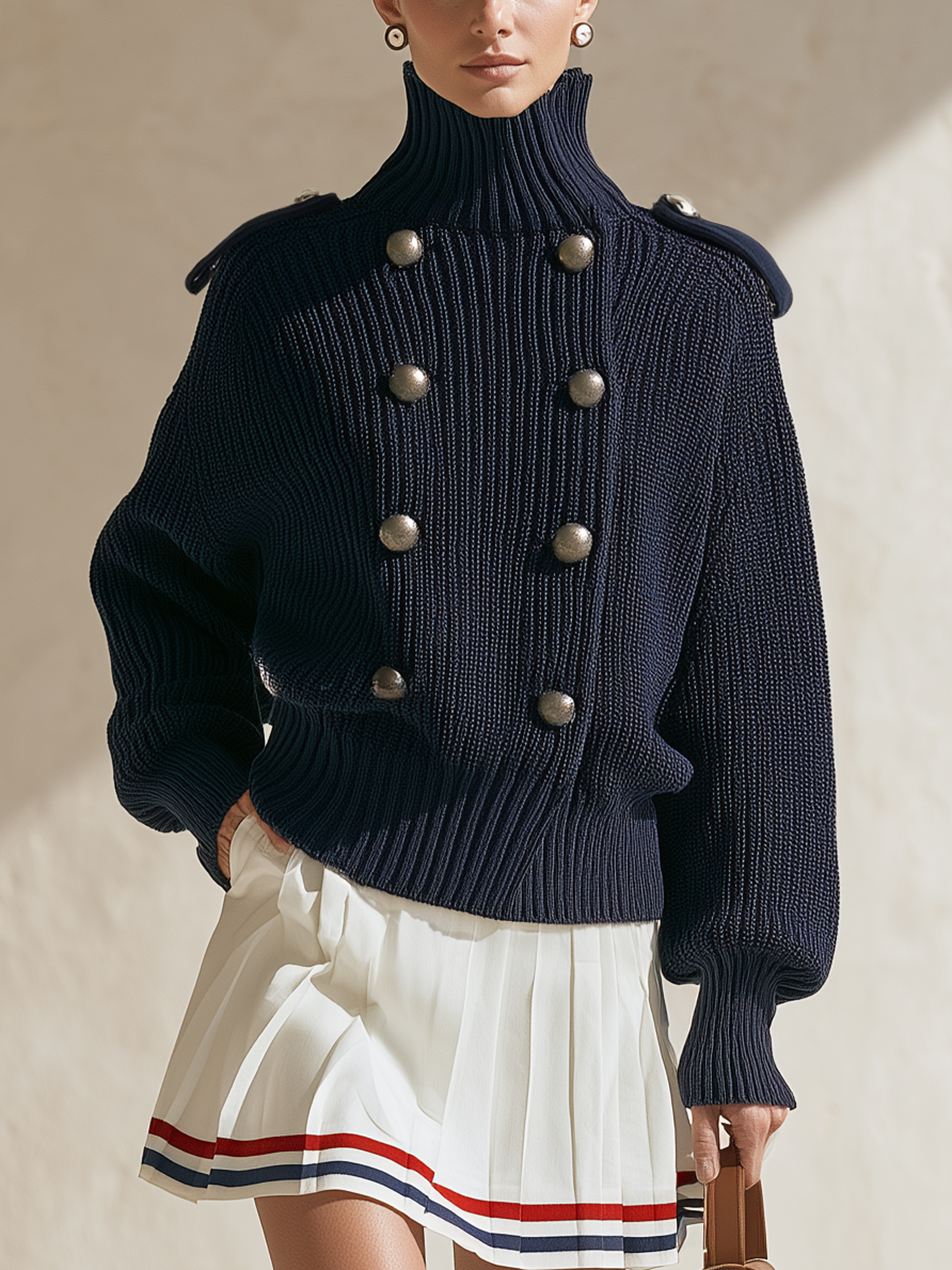 Navy Turtleneck Epaulet Double‑Breasted Chunky Knit Cardigan