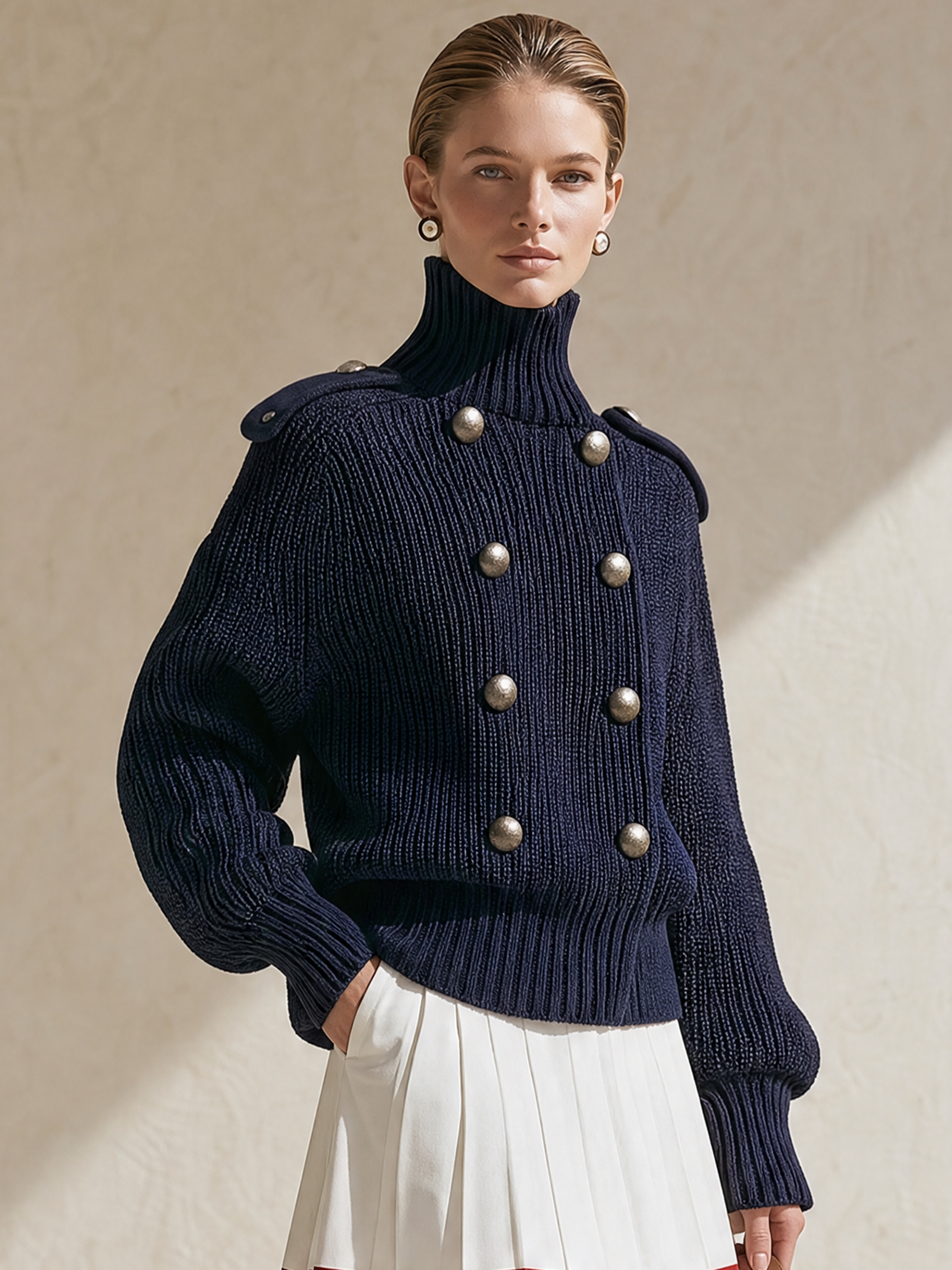 Navy Turtleneck Epaulet Double‑Breasted Chunky Knit Cardigan