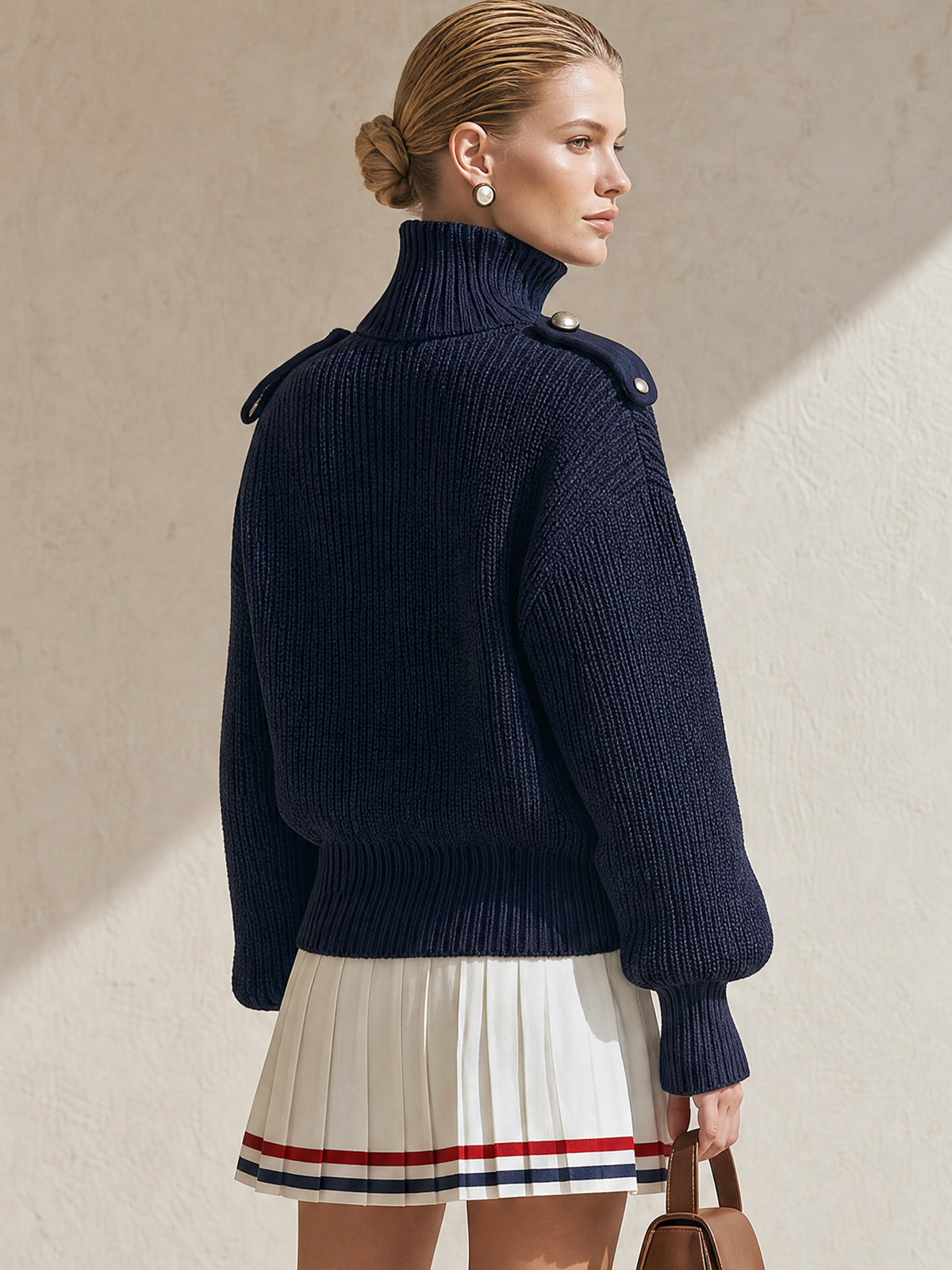 Navy Turtleneck Epaulet Double‑Breasted Chunky Knit Cardigan