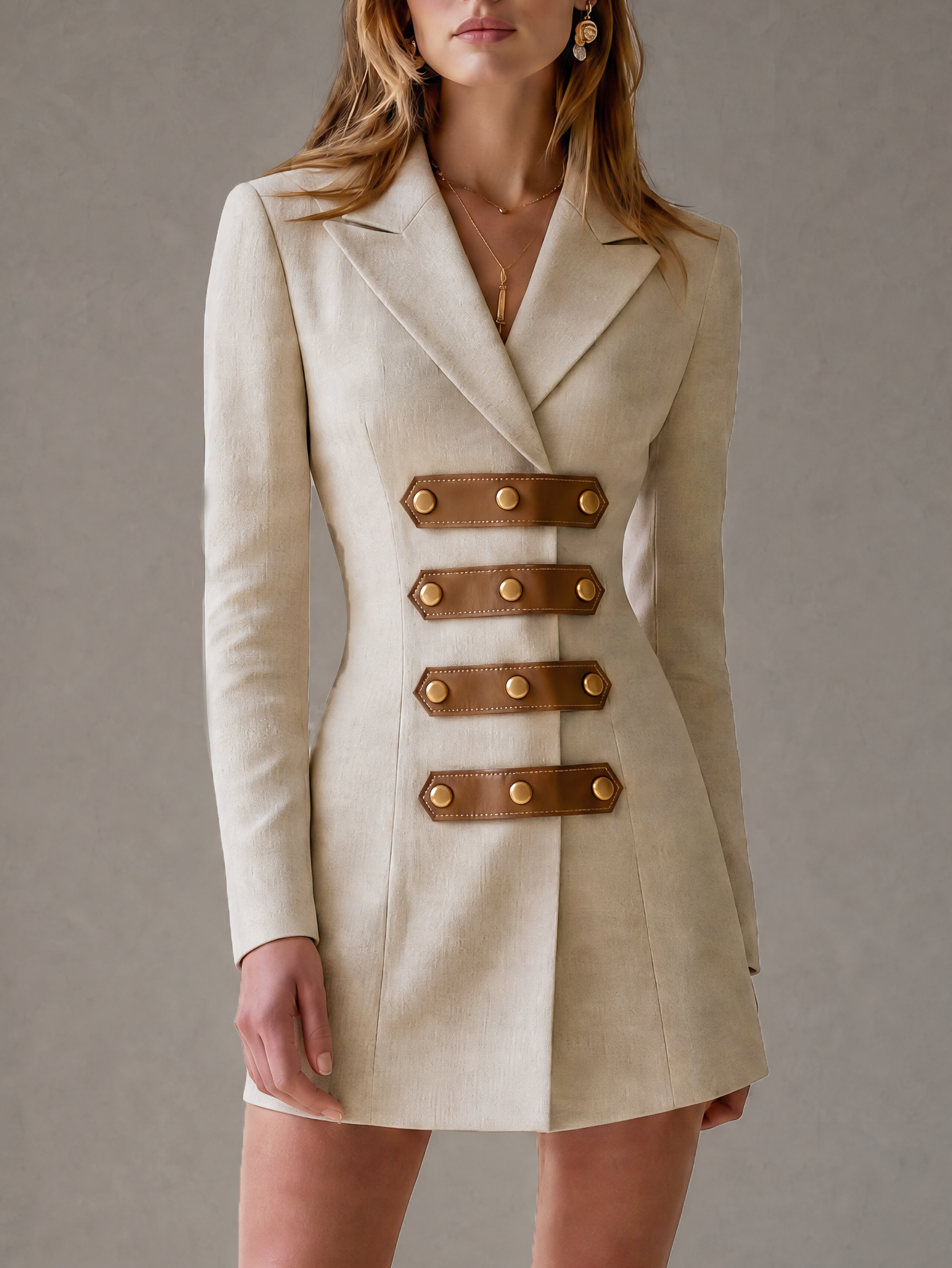 Elegant Ivory Dress With Brown Leather Tab Details