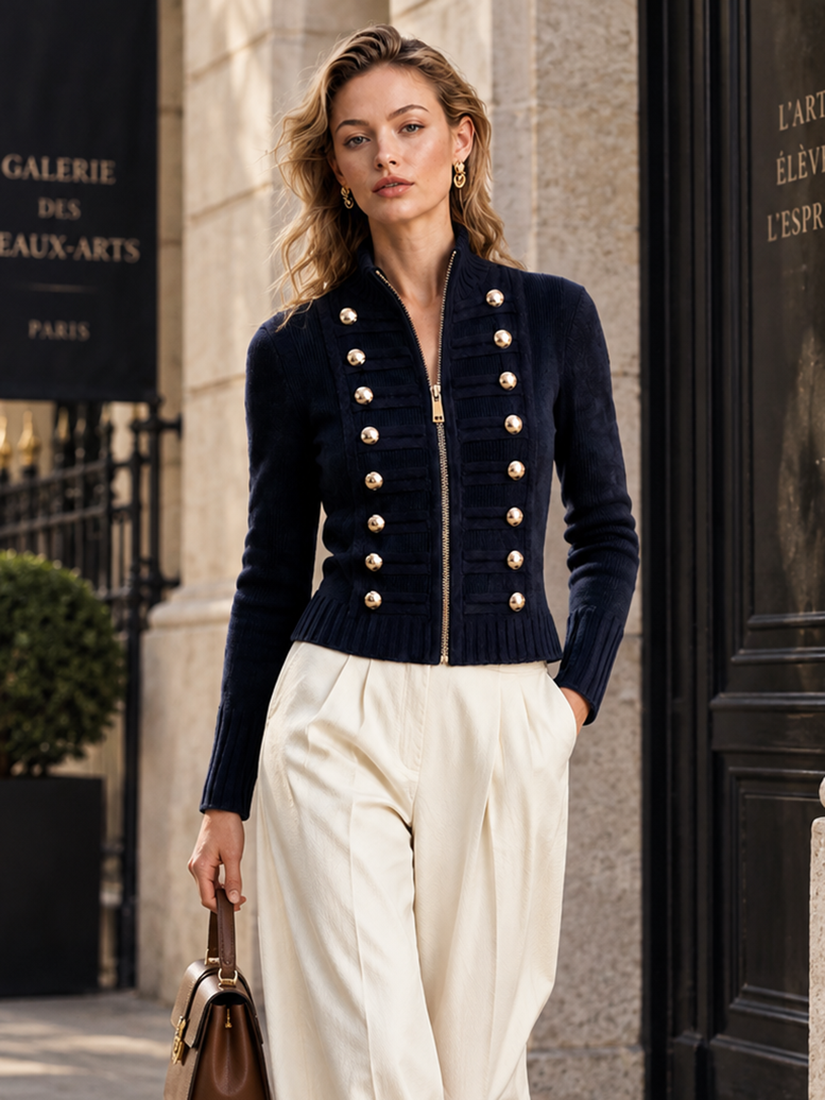 Elegant Navy Military Metal-Button Knit Cardigan