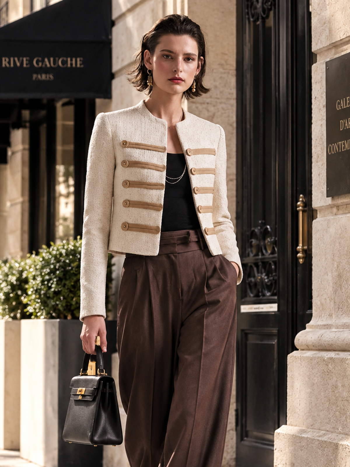 Elegant Ivory Tweed Military Jacket With Brown Tab Details